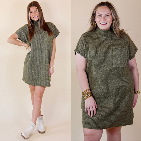 in the picture the model is wearing olive green high neck sweater dress with a white background