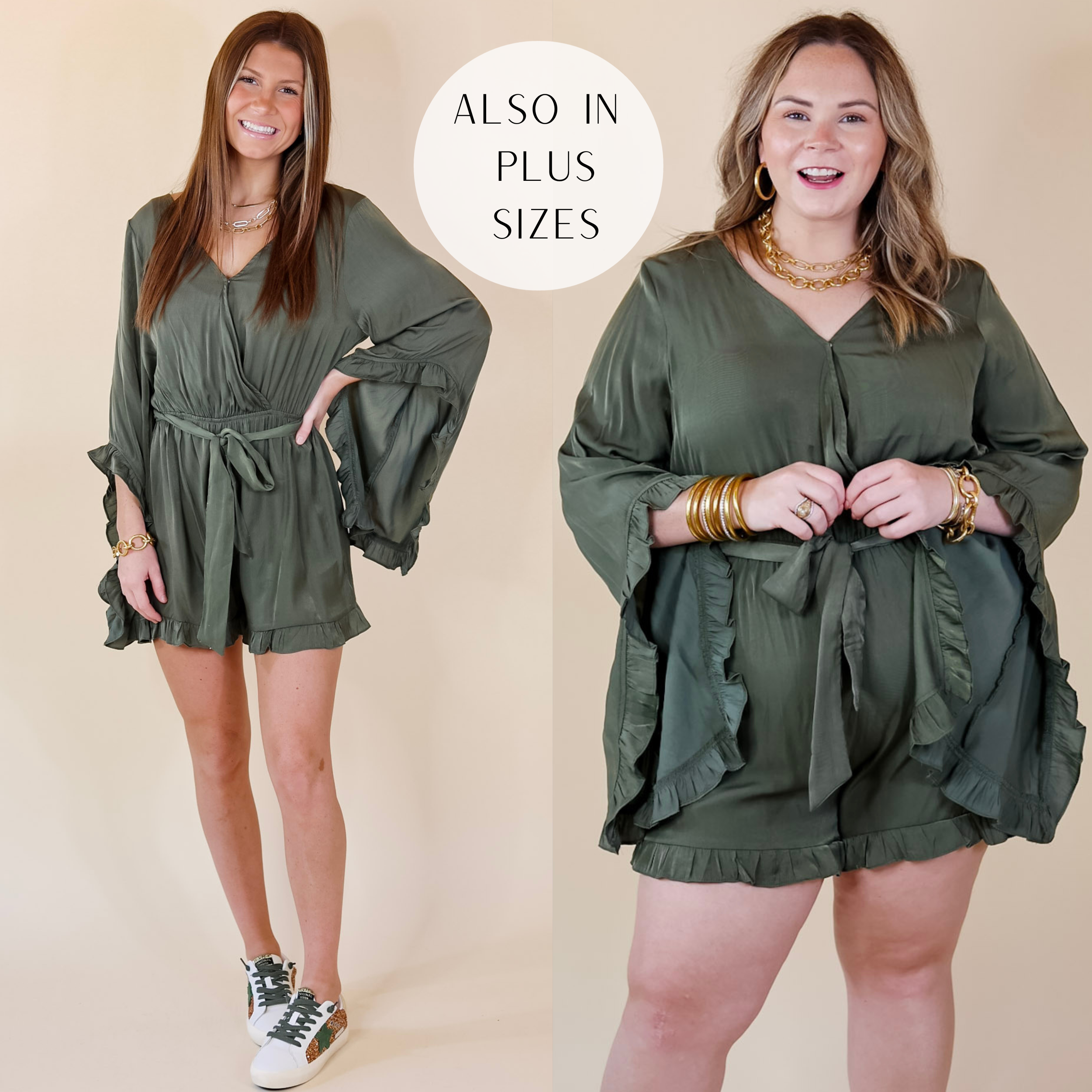 In the picture the model is wearing a ruffle trim long sleeve satin romper in olive green with a white background