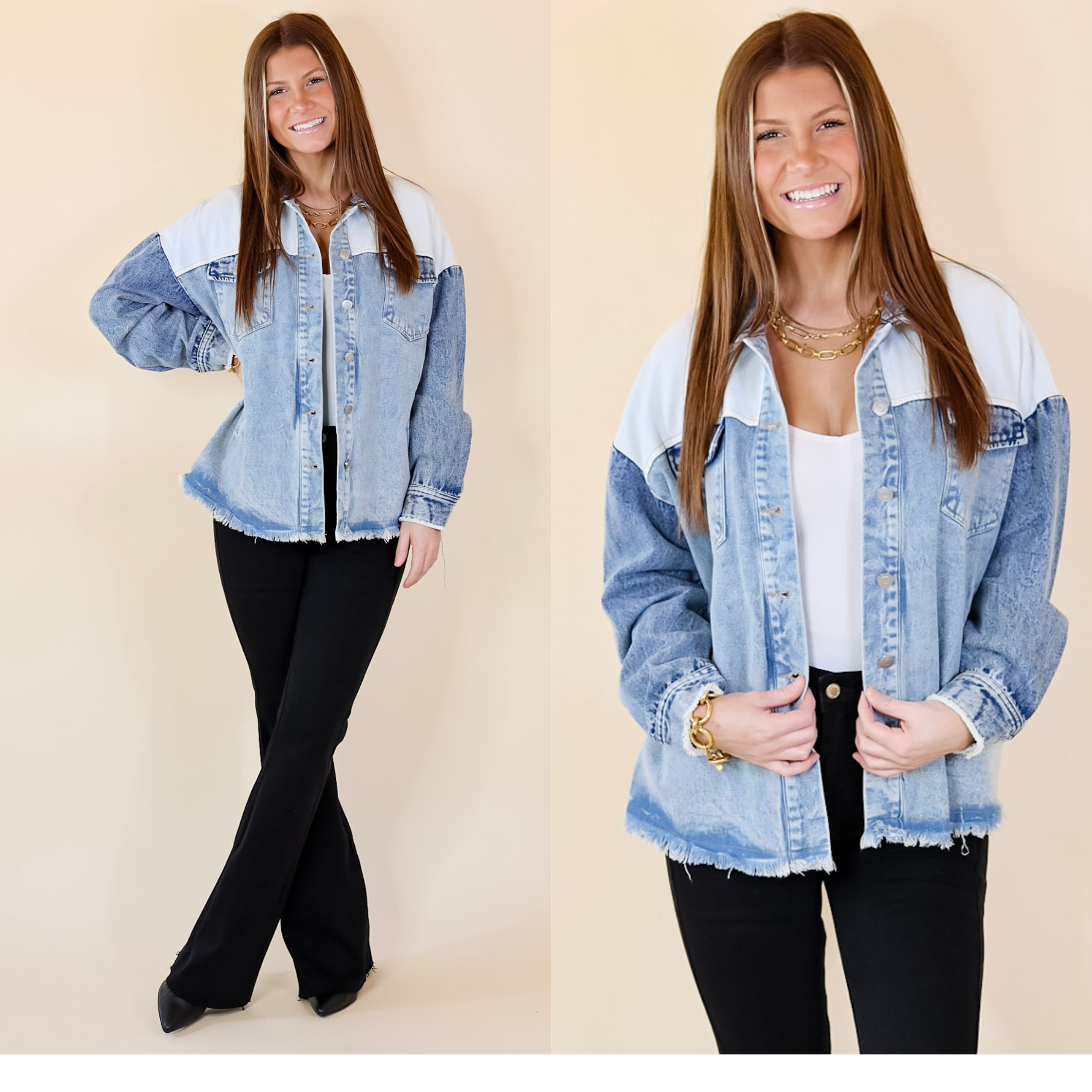In the picture the model is wearing a color block button up jacket in denim with a white background