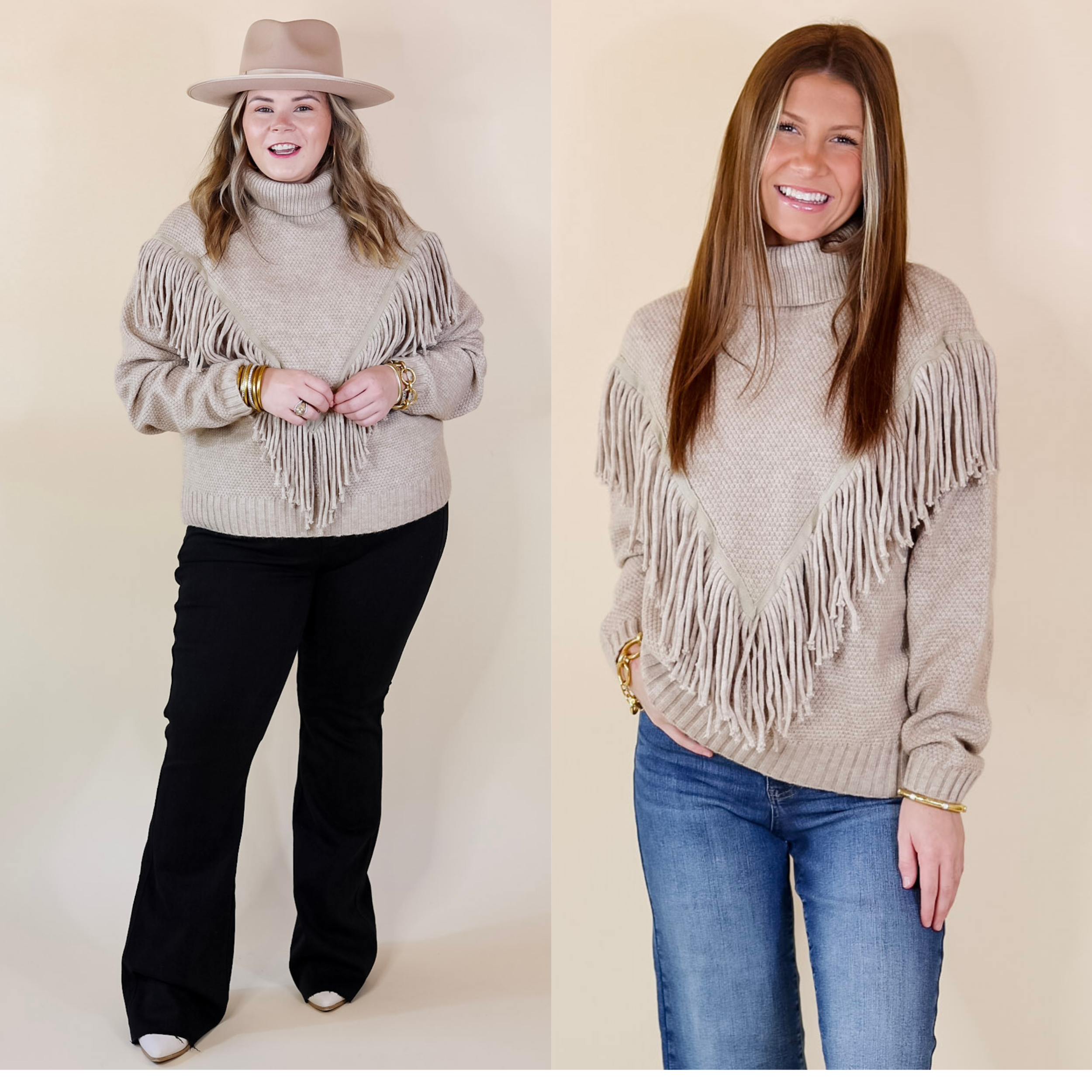 In the picture the model is wearing a turtleneck sweater with fringe in taupe with a white background