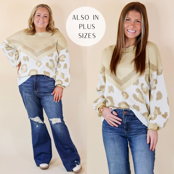 In the picture the model is wearing leopard print and chevron print block sweater in beige with a white background