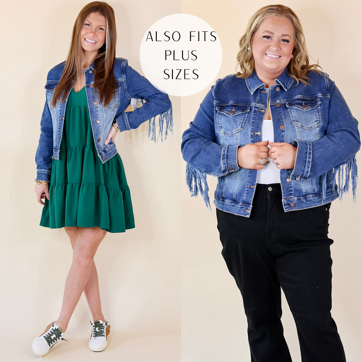 In the picture the model is wearing a fringe denim jacket in medium wash with a white background