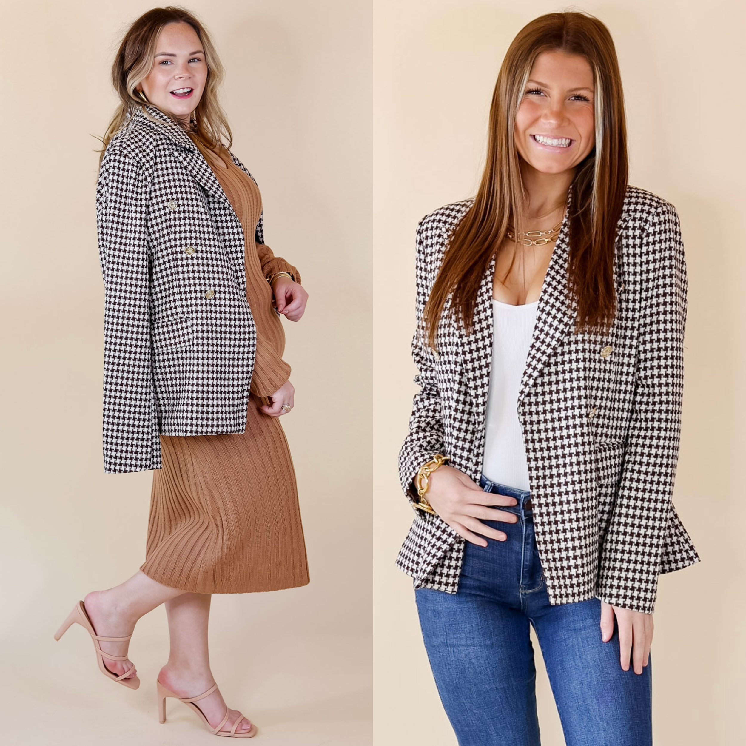 In the picture the model is wearing a shot of espresso houndstooth blazer with gold buttons in brown with a white background