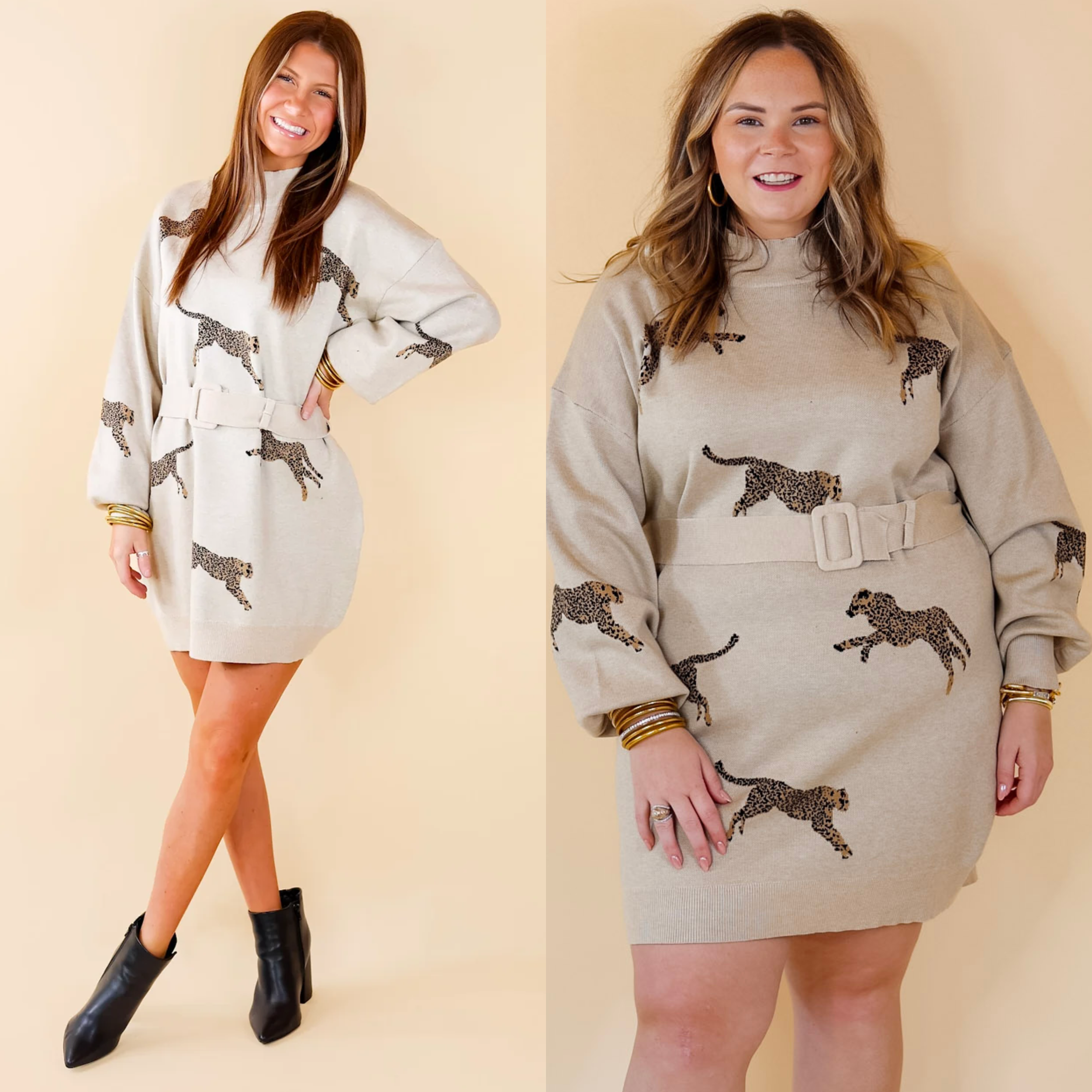 Model is wearing an oatmeal beige sweater dress and belt with leopards printed on it. Model has paired the dress with black booties and gold tone jewelry