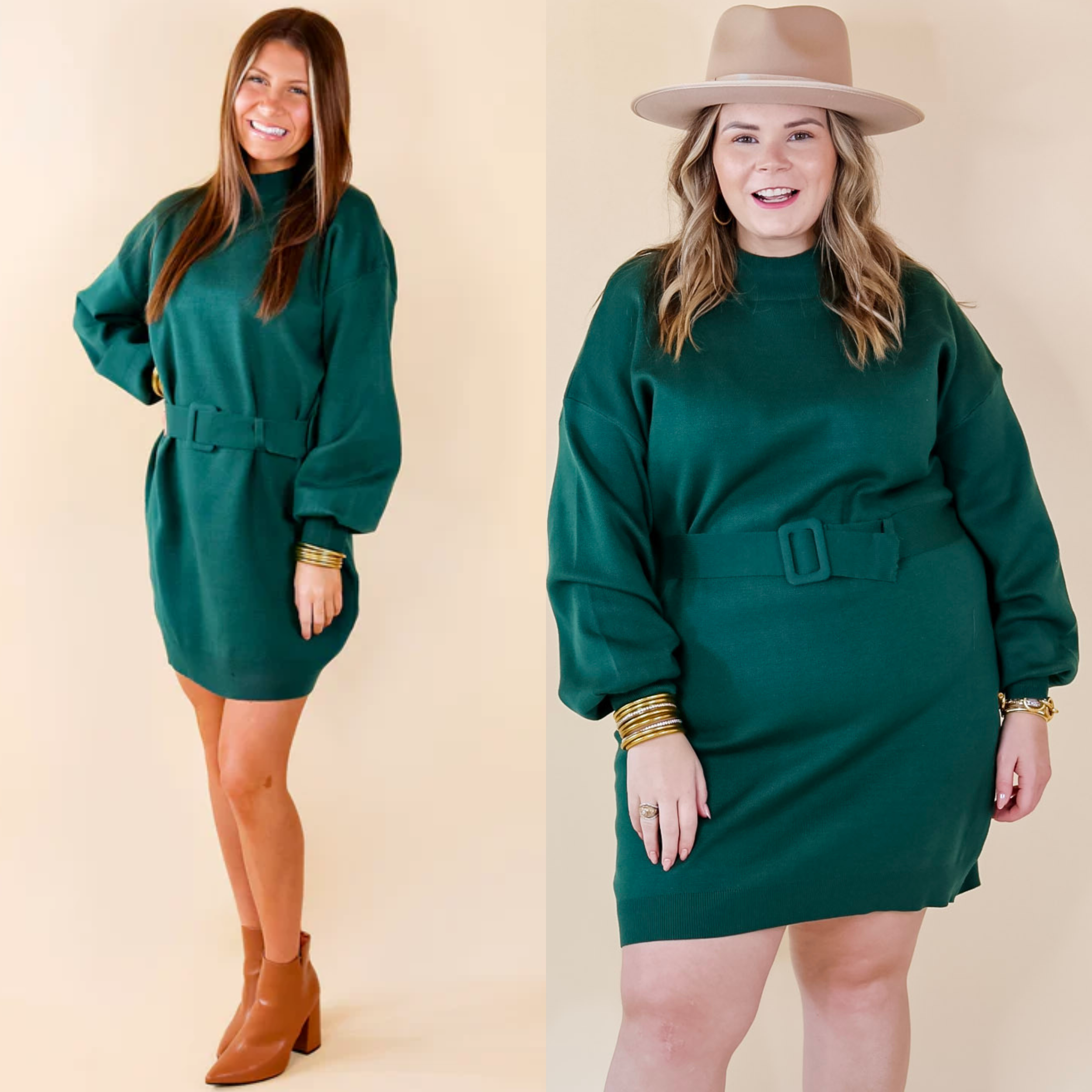 Model is wearing a hunter green sweater dress with belt. Model has paired the dress with brown booties and gold tone jewelry.