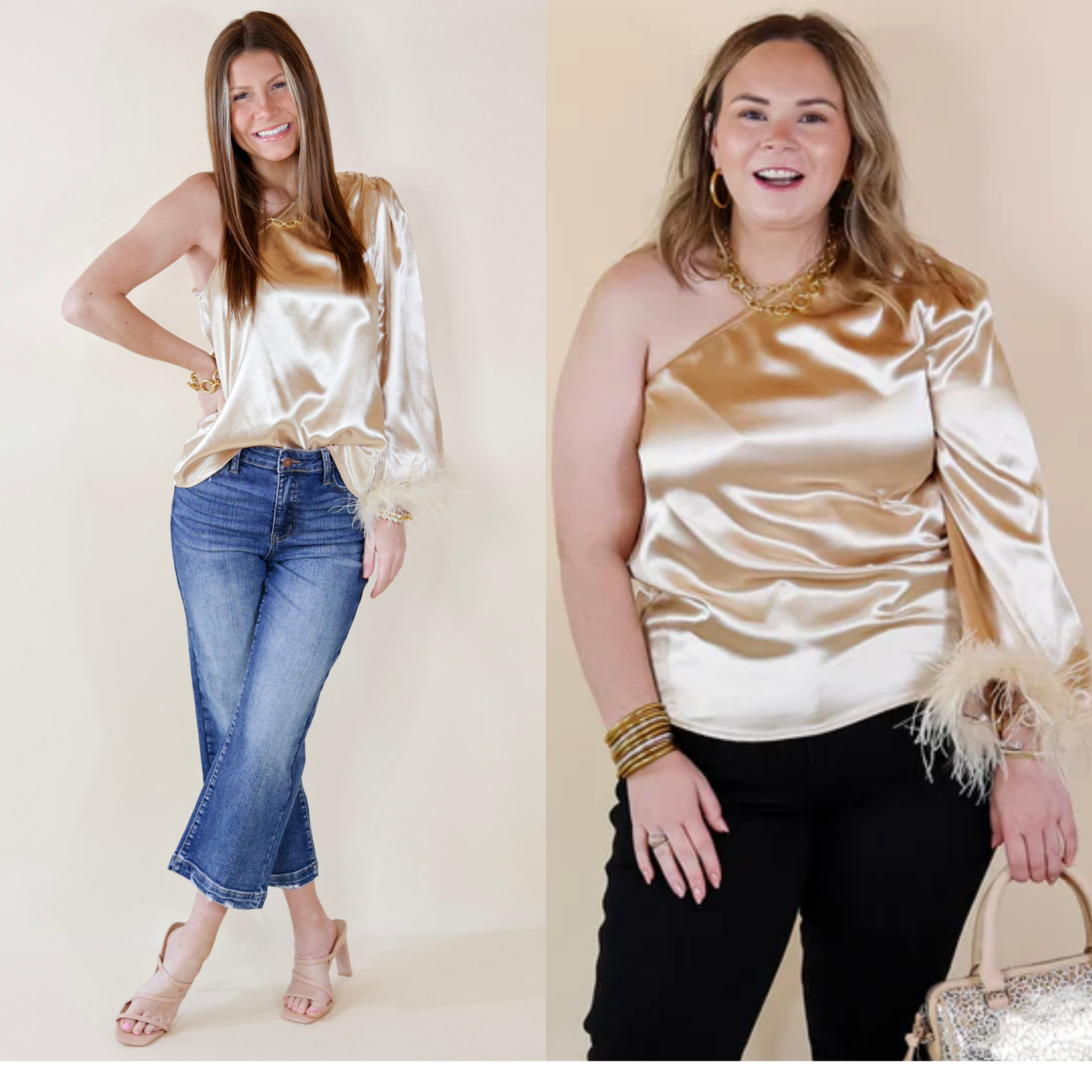 Model is wearing a champagne colored one shoulder top with a feather trim on the sleeve. Model has paired the top with black pants, white booties, gold tone jewelry, and a grey leopard print consuela bag.