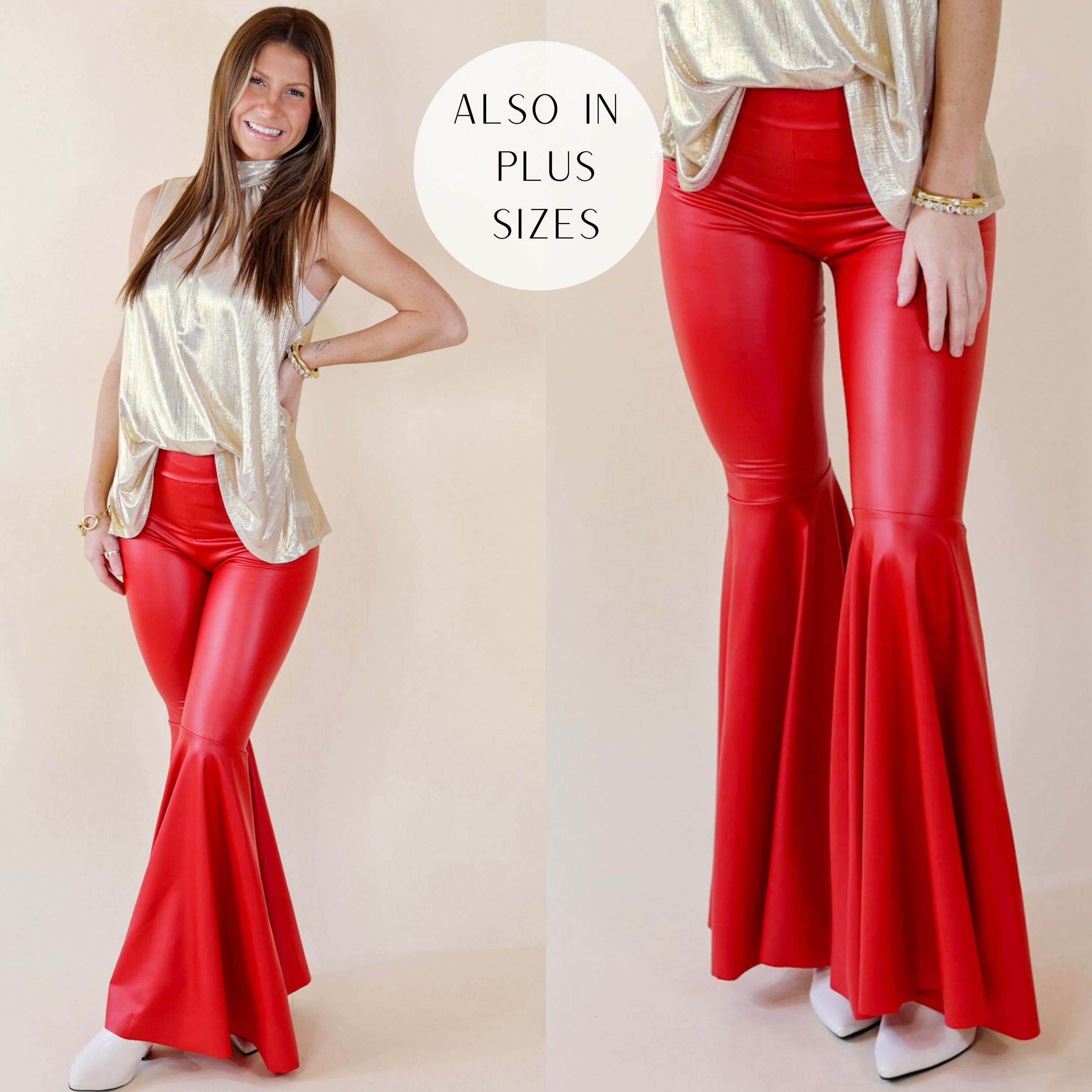 Model is wearing a pair of red faux leather pants. Model has them paired with a gold top, gold jewelry, and ivory heels.
