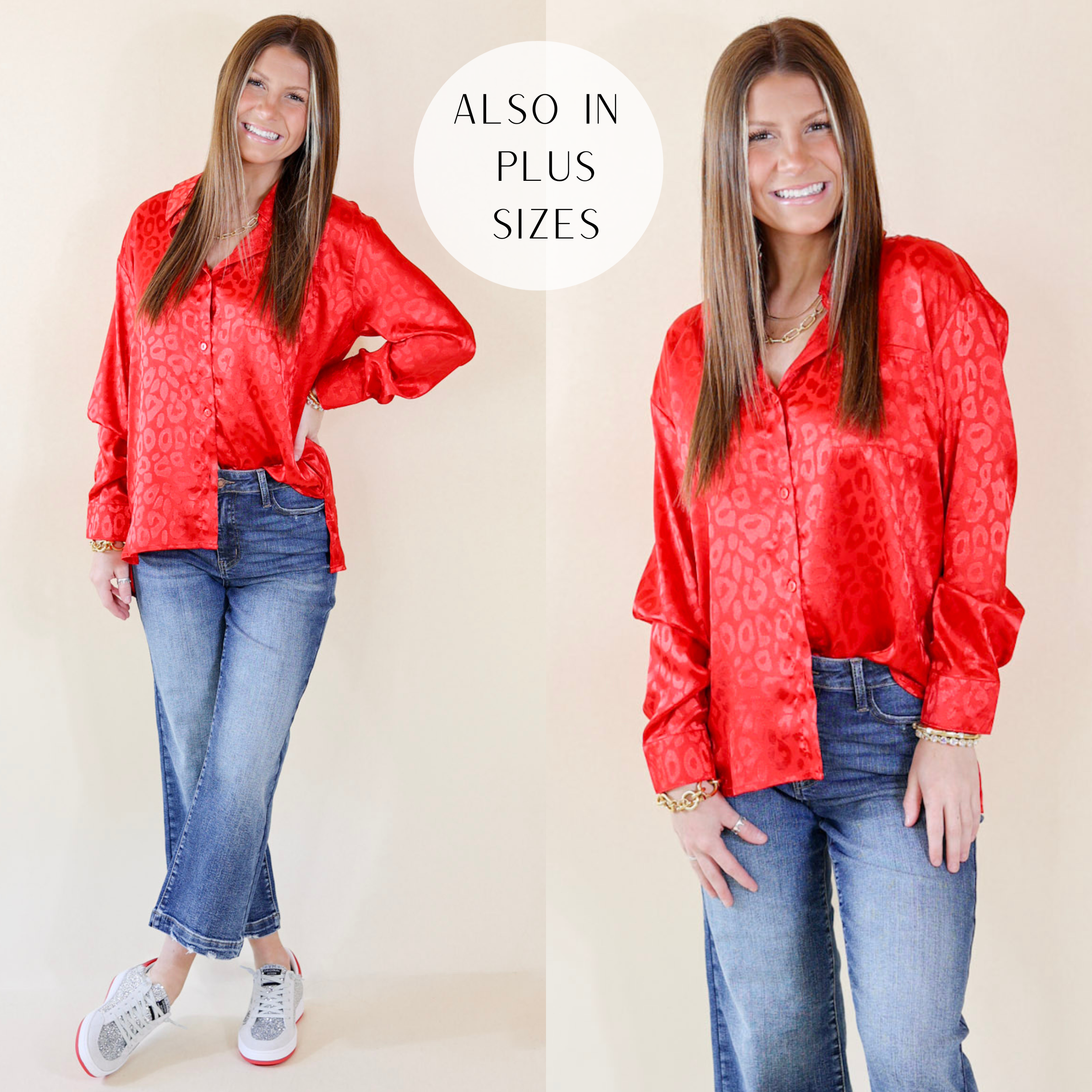 Model is wearing a red leopard print satin button up with long sleeves. Models has paired the top with skinny jeans, ivory heels, and gold tone jewelry.