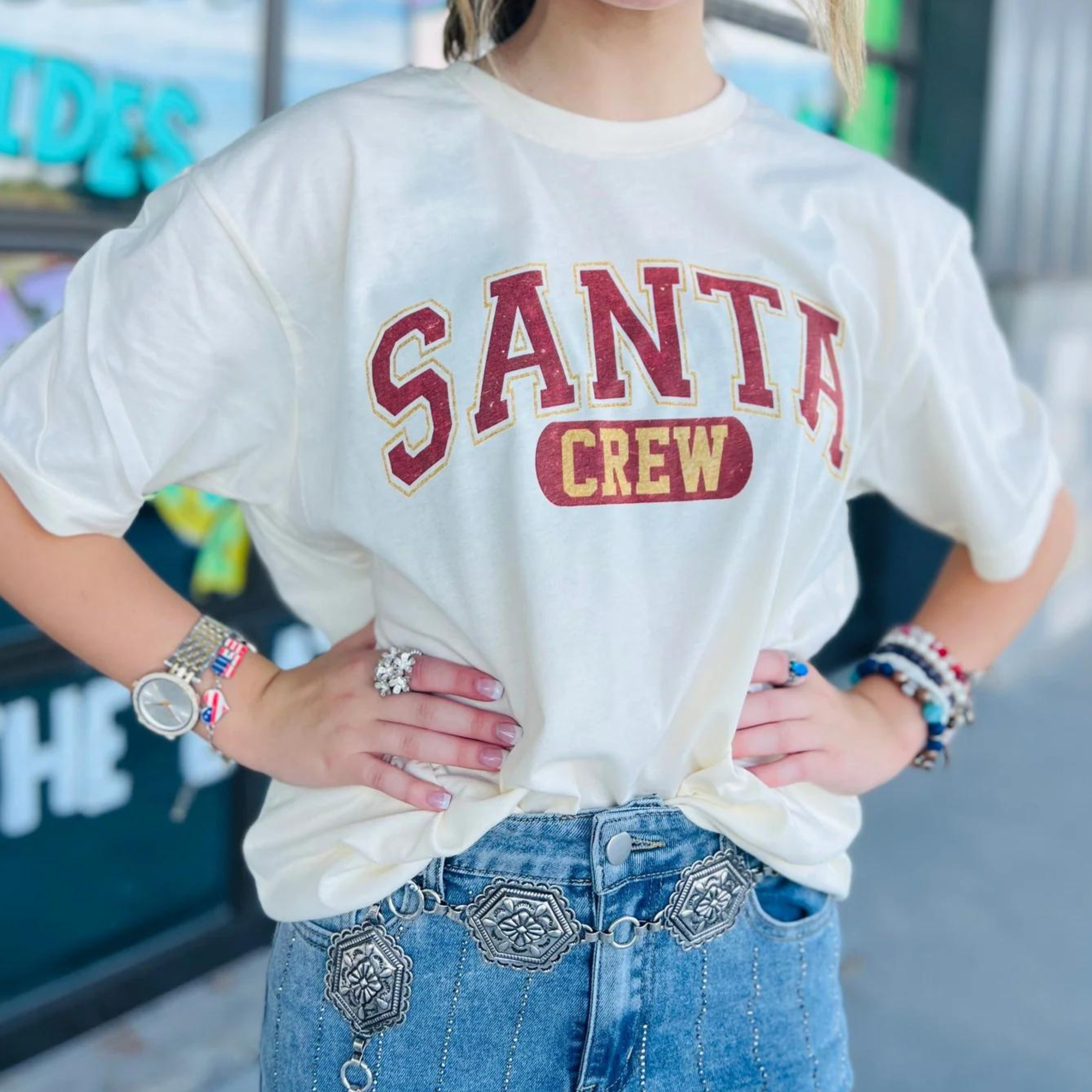 Online Exclusive | Santa Crew Christmas Graphic Tee in White - Giddy Up Glamour Boutique