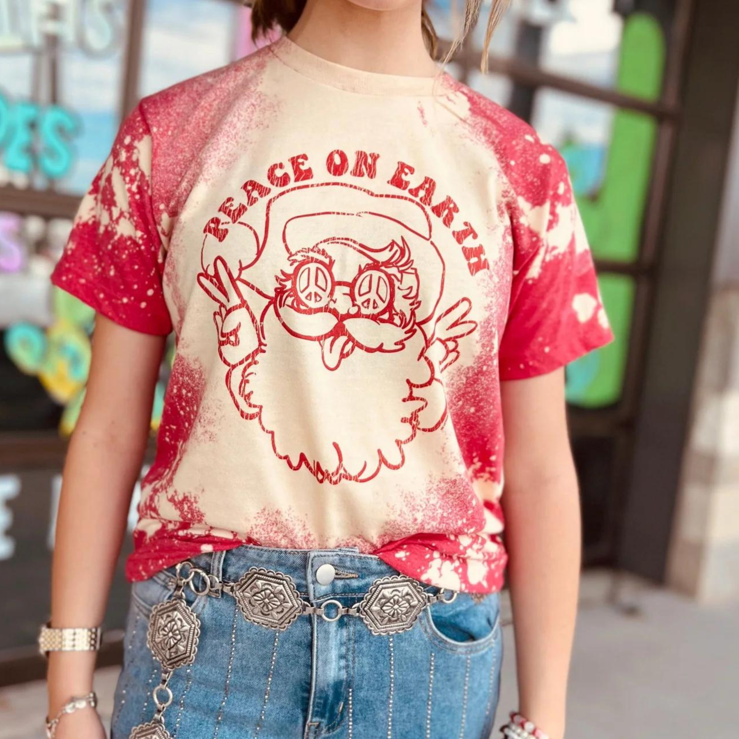 Online Exclusive | Peace on Earth Santa Christmas Graphic Tee in Red Bleach - Giddy Up Glamour Boutique