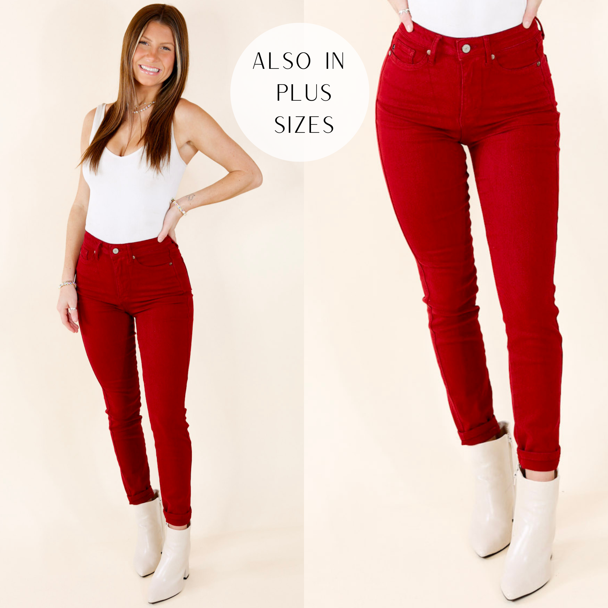 Judy Blue | Around The Block Tummy Control Garment Dyed Skinny Jeans in Maroon