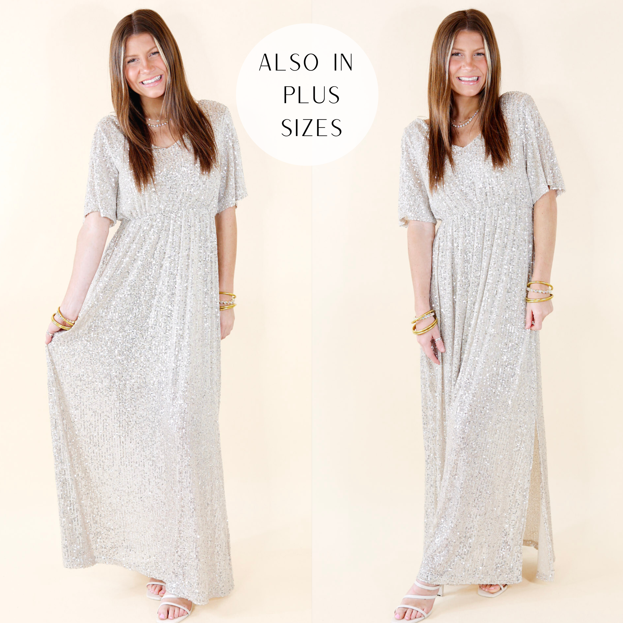 Sparkle In The City Short Sleeve Sequin Maxi Dress in Champagne