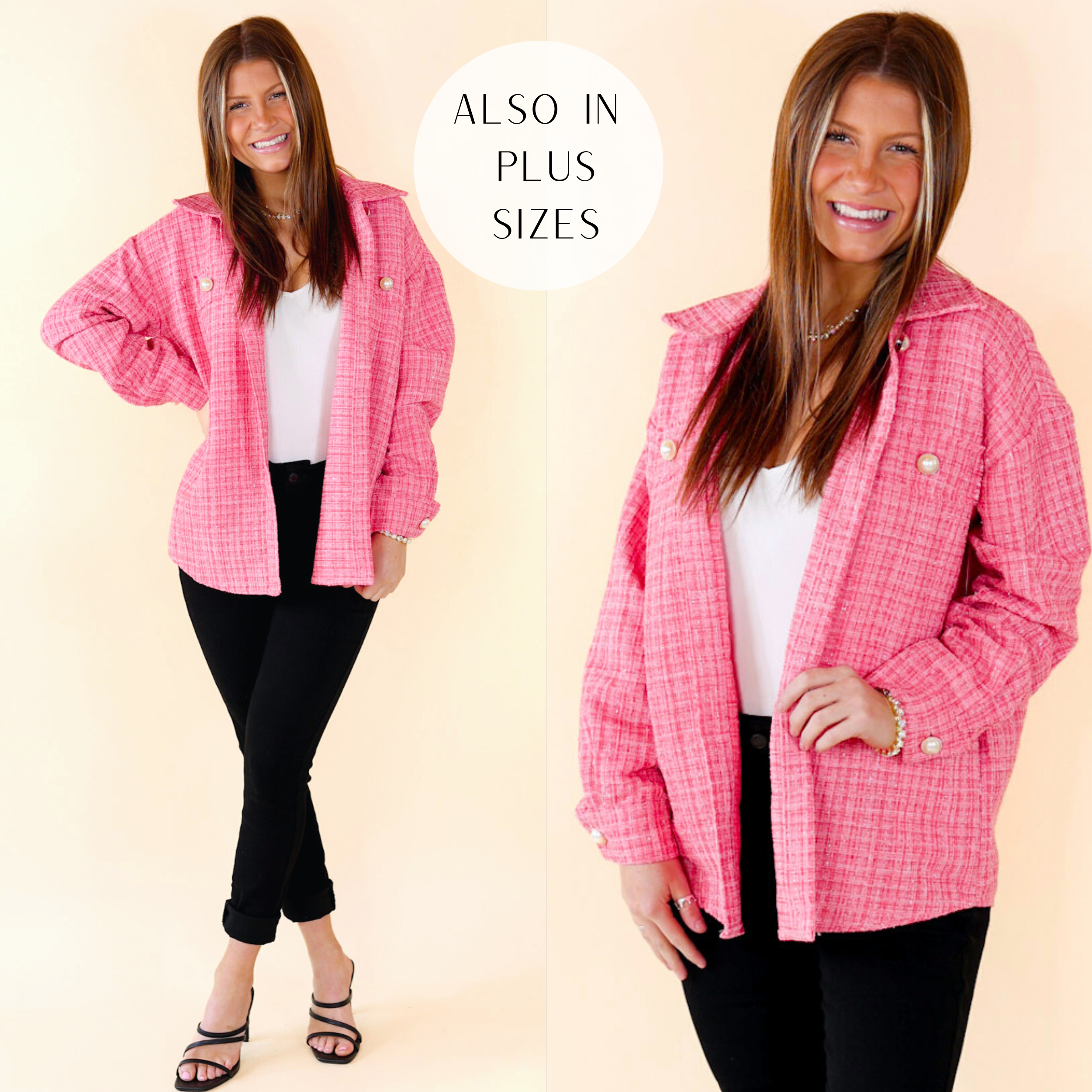 Brooklyn Buzz Pearl Button Up Tweed Shacket in Pink