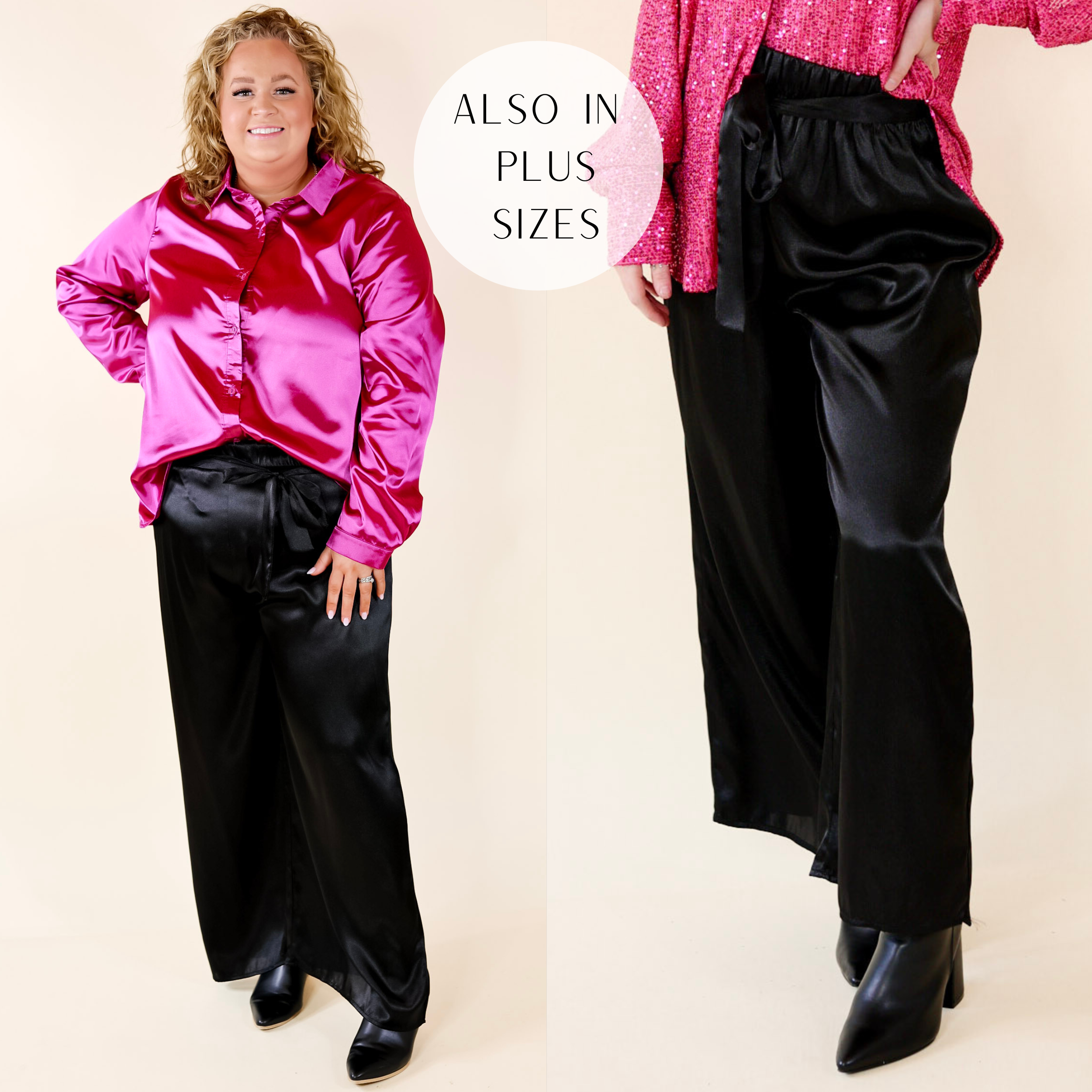Dare To Dazzle Wide Leg Satin Pants with Waist Tie in Black