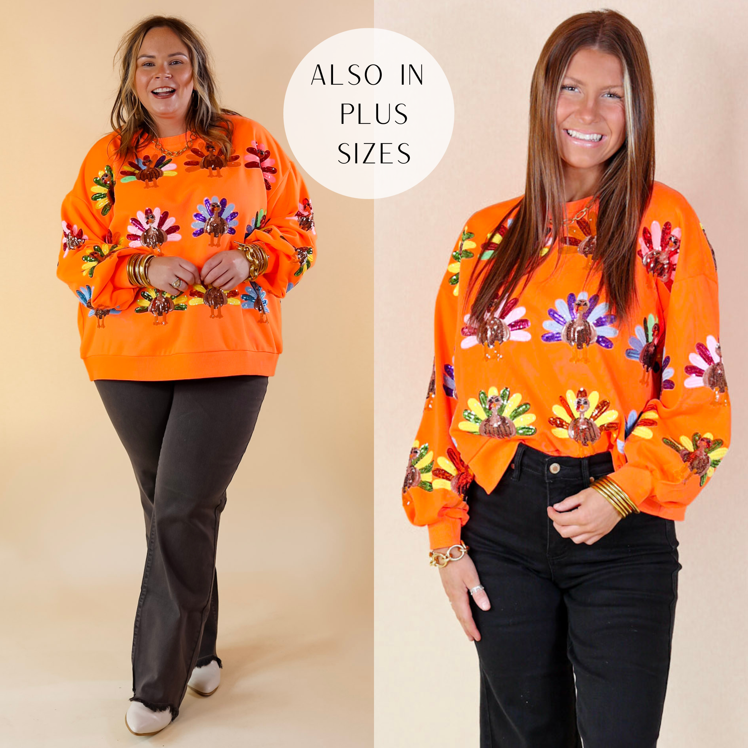 Queen Of Sparkles | Sequin Turkey Long Sleeve Graphic Sweatshirt in Neon Orange