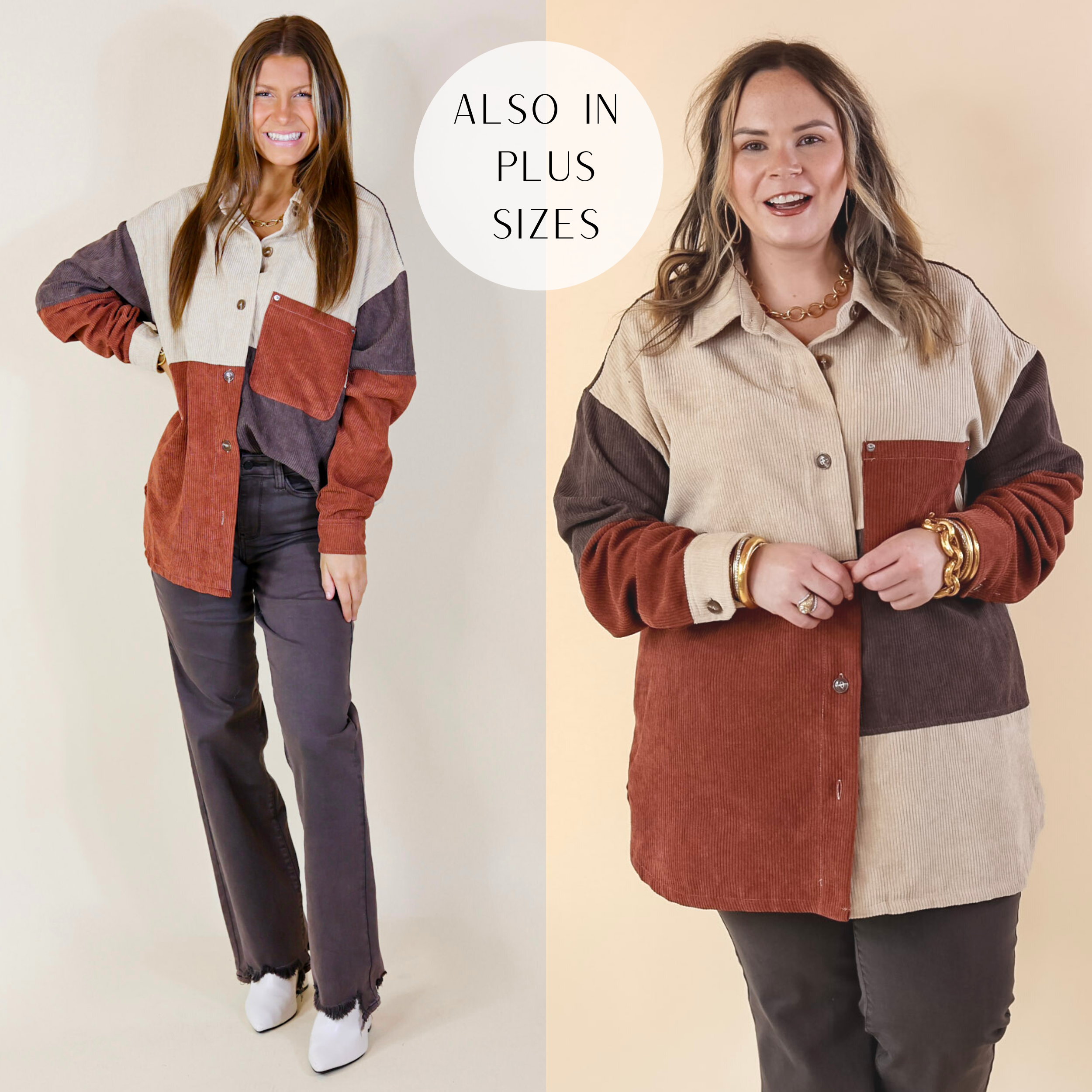 Casual Cuddles Color Block Corduroy Shacket in Brown Mix