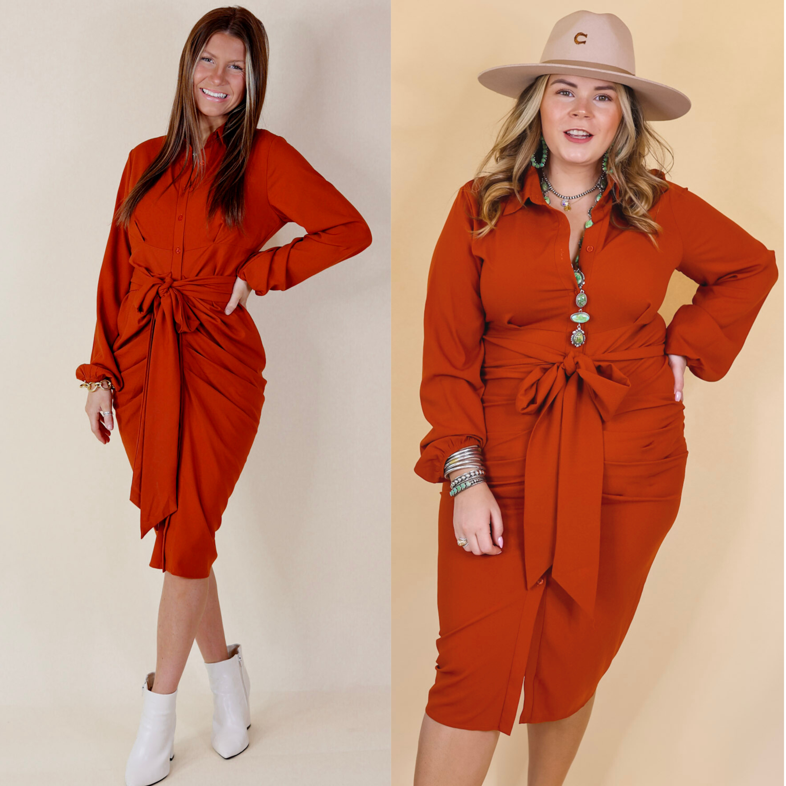 Heart On The Line Button Up Ruched Front Midi Dress with Waist Tie in Rust Orange - Giddy Up Glamour Boutique