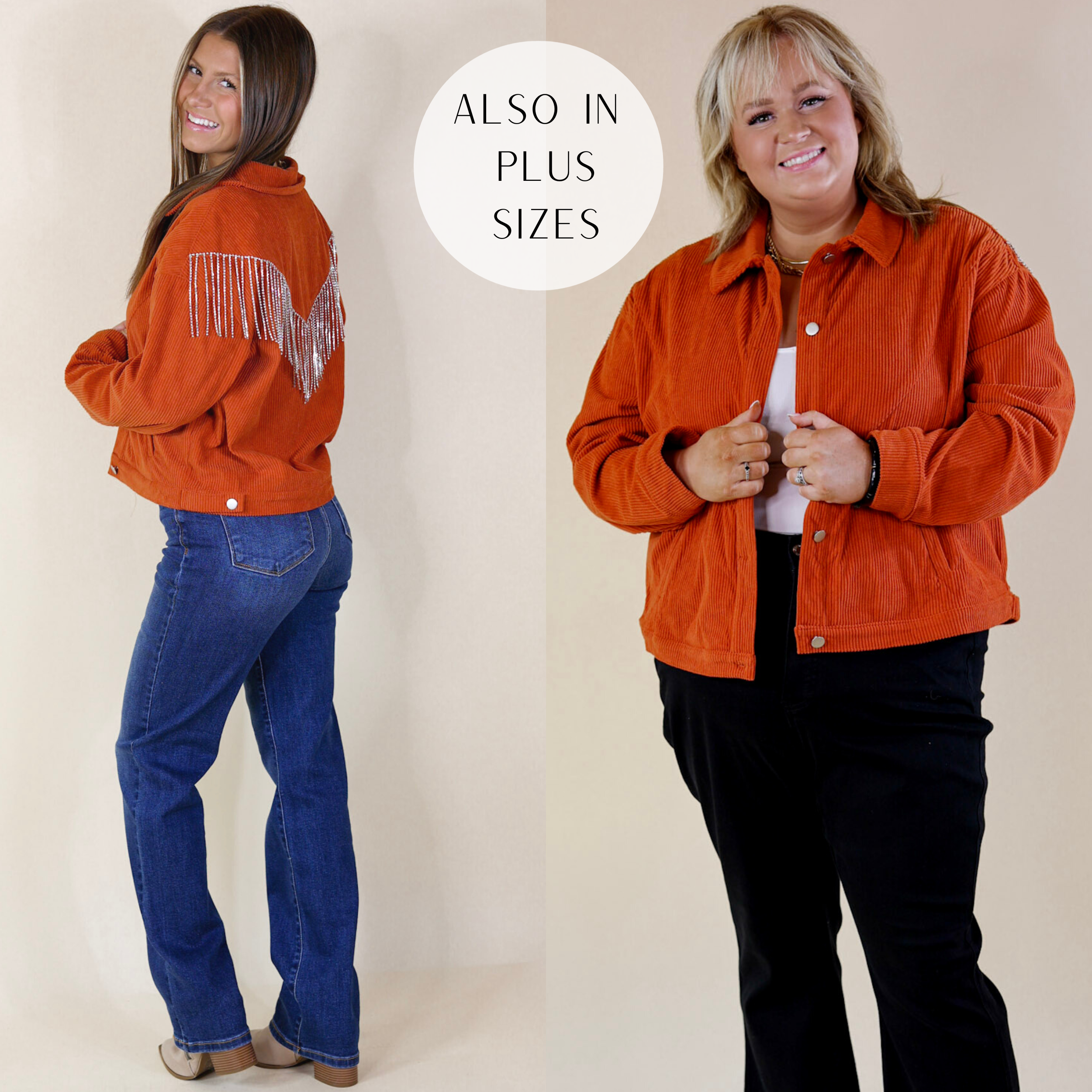 Rust Corduroy Shacket with Crystal Fringe Back – Giddy Up Glamour Boutique