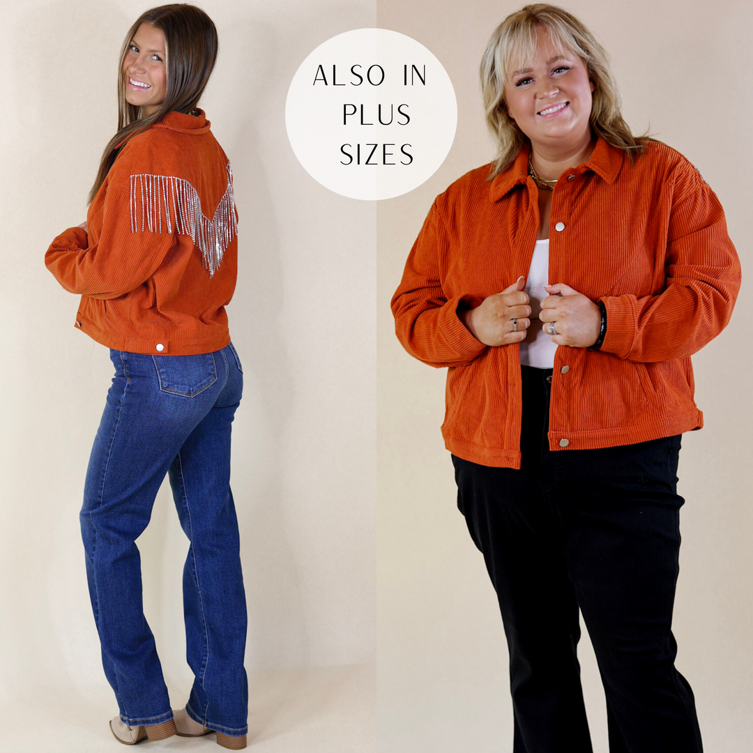Signature Moves Button Up Corduroy Jacket with Crystal Fringe Back in Rust Orange - Giddy Up Glamour Boutique