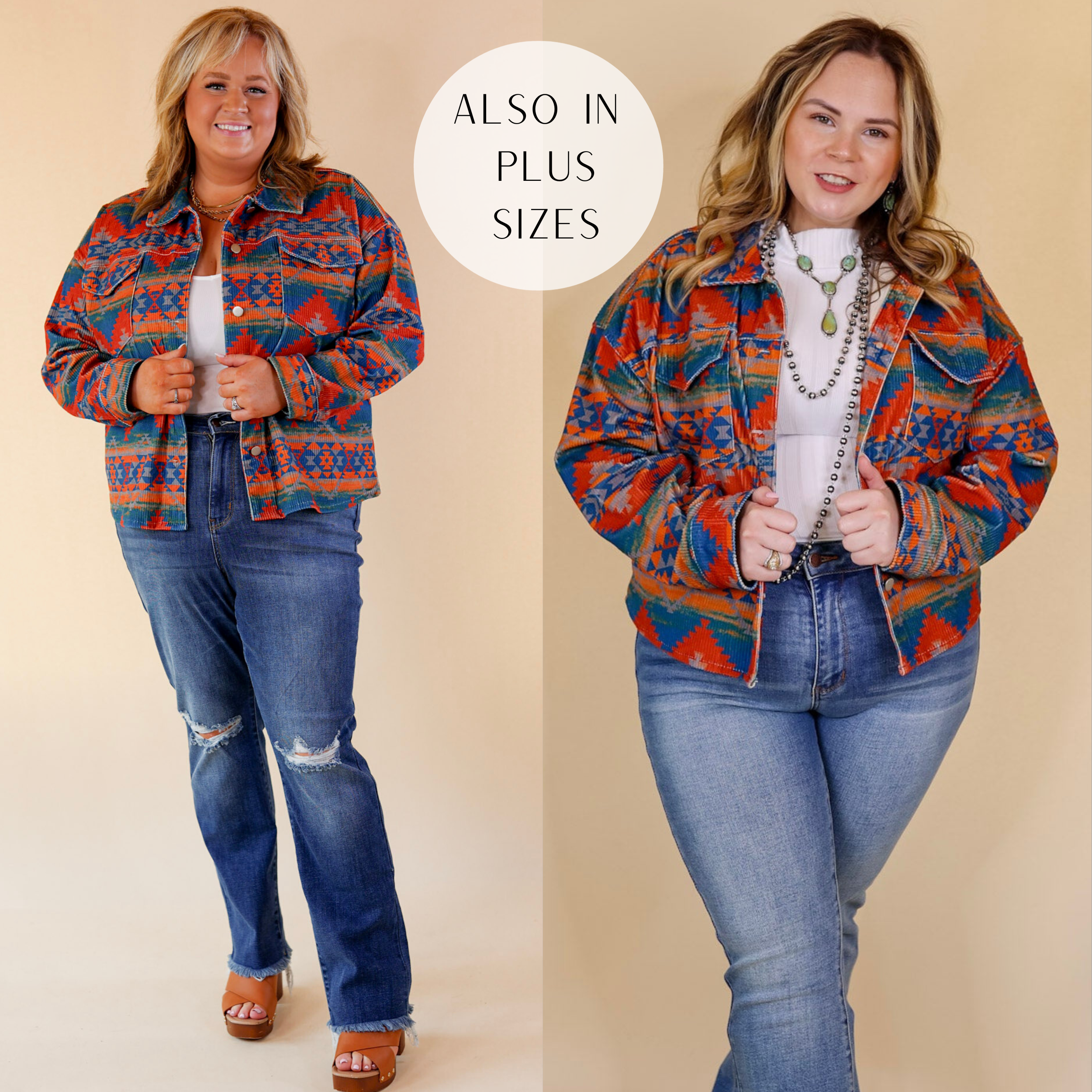 Model is wearing a button down jacket with an aztec print in red, blue, green, and orange. Model has this jacket paired with a white tank top, jeans, boots, and Navajo jewelry. Background is solid tan.