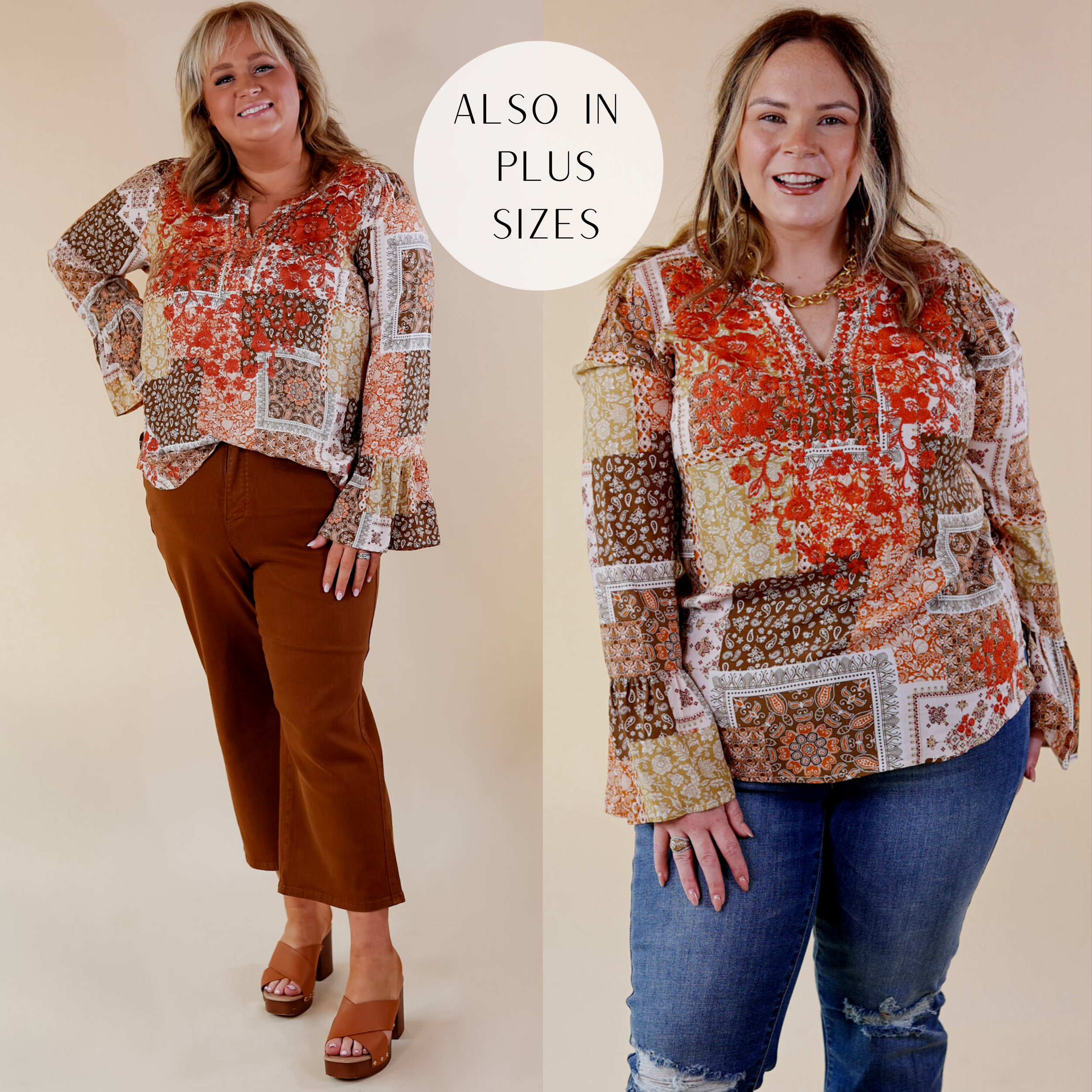 Model is wearing a top with a notched neckline, sleeves that flare at the wrist, floral rust orange embroidery, and a variety of paisley and floral prints. Models has paired the top with brown pants, low white heels, and gold tone jewelry.