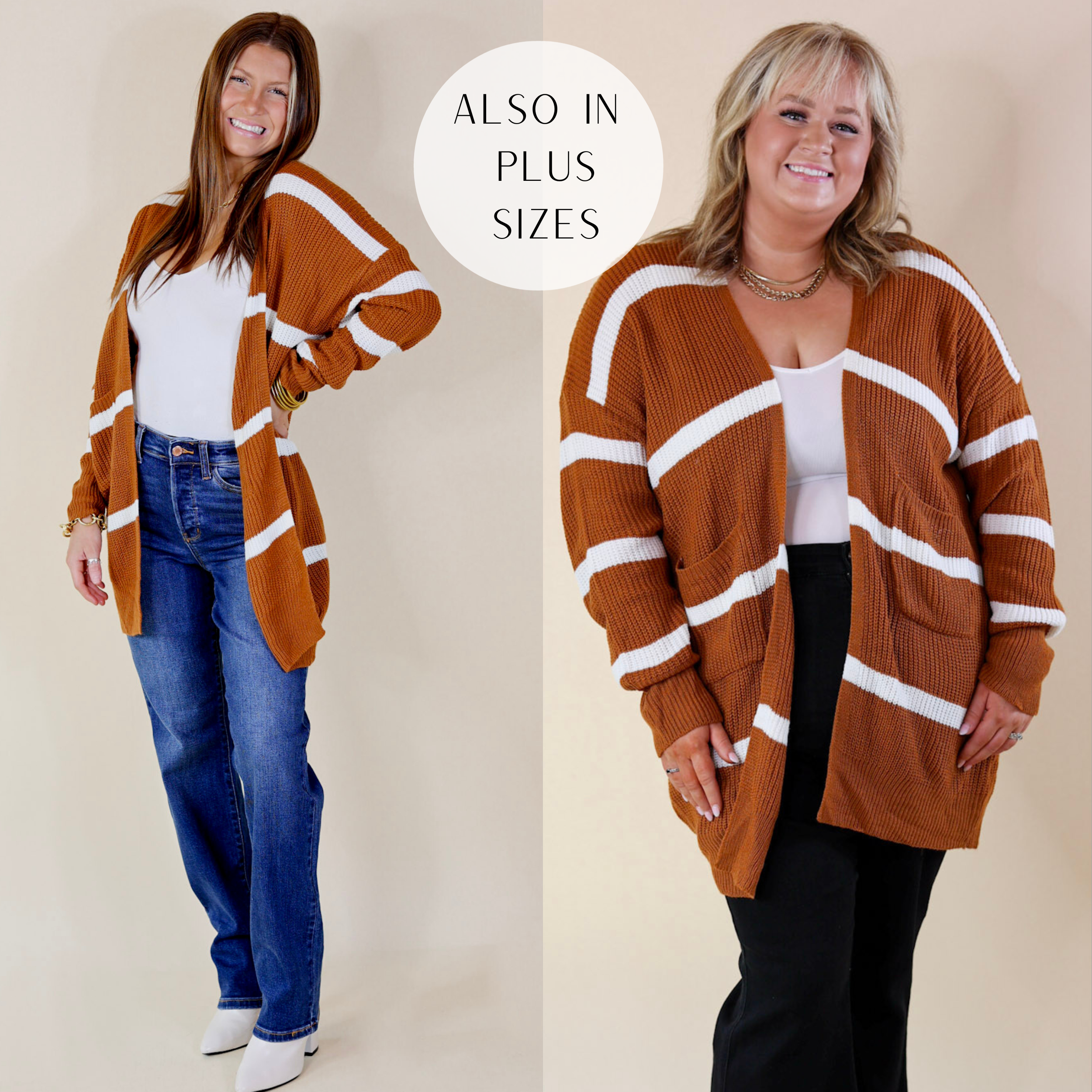 in the picture the model is wearing a cozy striped long sleeve cardigan in rust with a white background