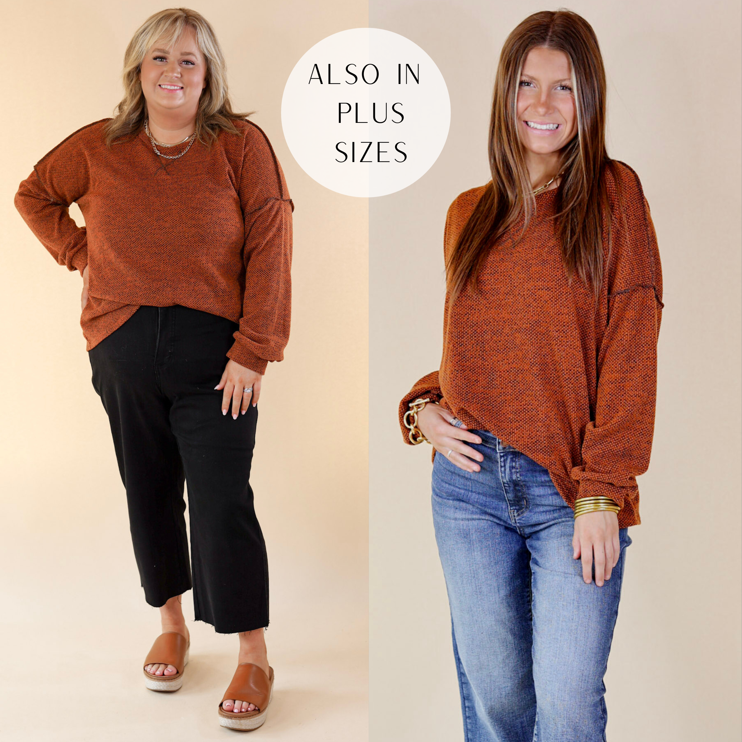 In the picture the model is wearing a fall festival long sleeve knit top in rust orange with a white background 