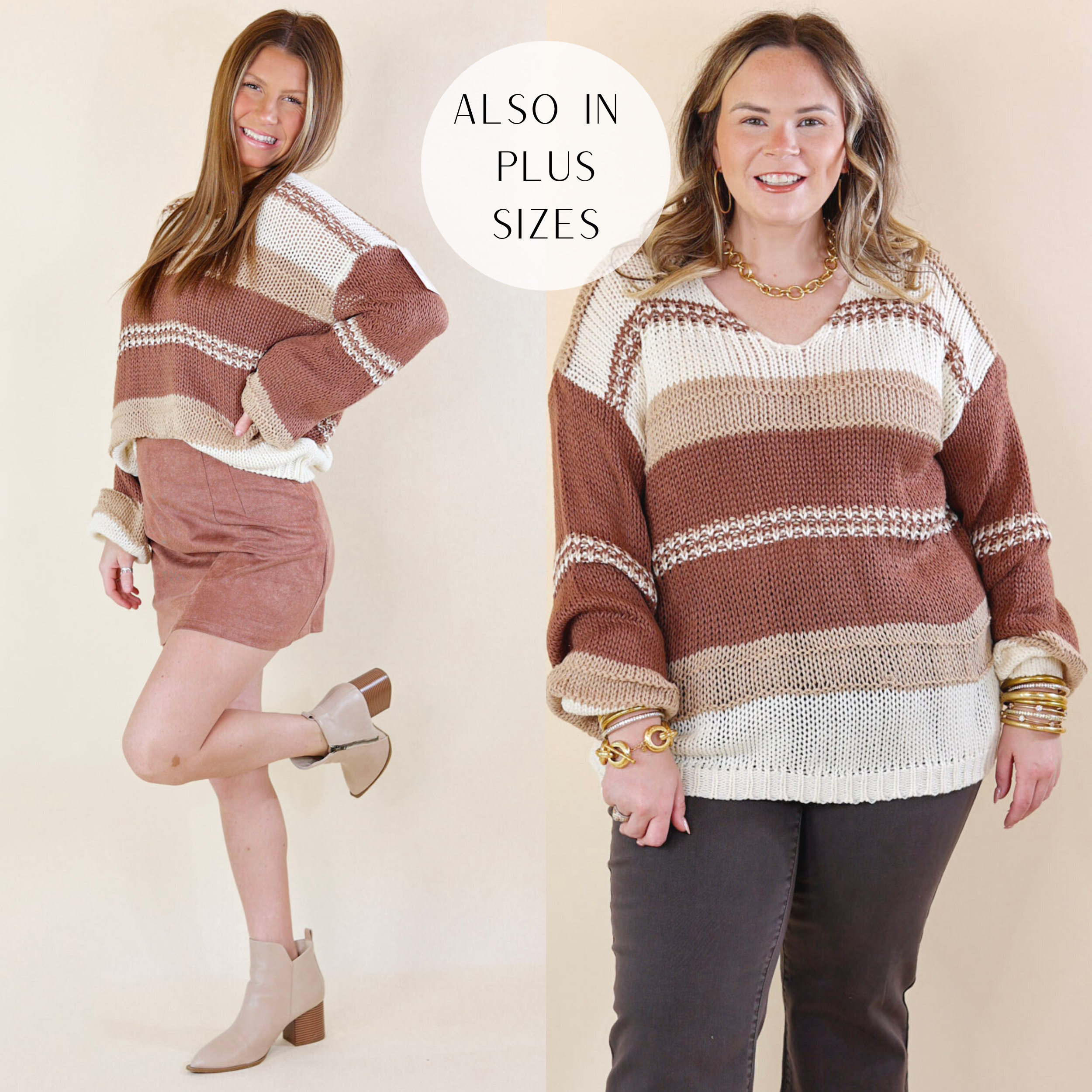 Model is wearing a brown and ivory striped sweater. Model has it paired with light wash bootcut jeans, white booties, and gold jewelry.