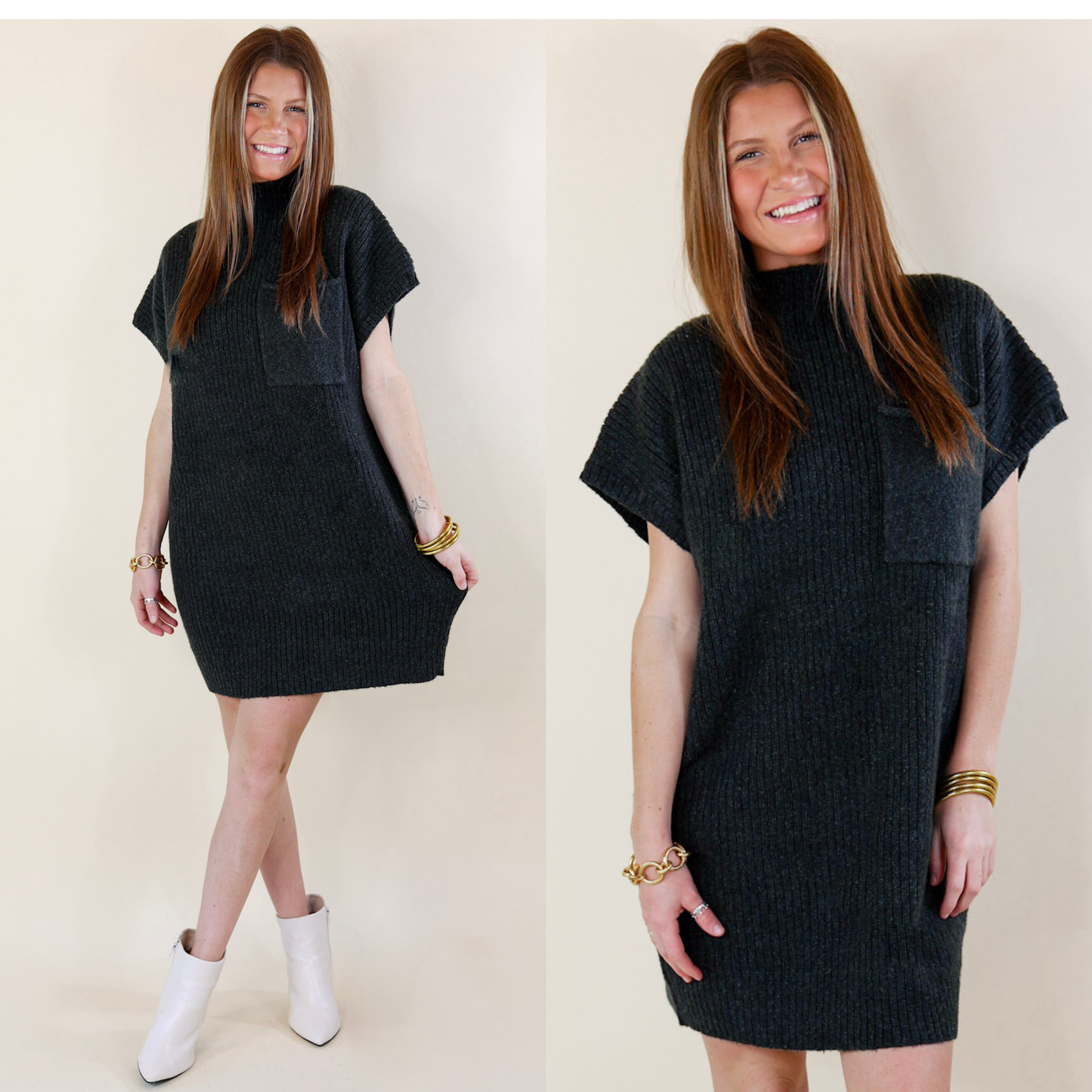 In the picture the model is wearing a cap sleeve sweater dress in charcoal black with a white background 