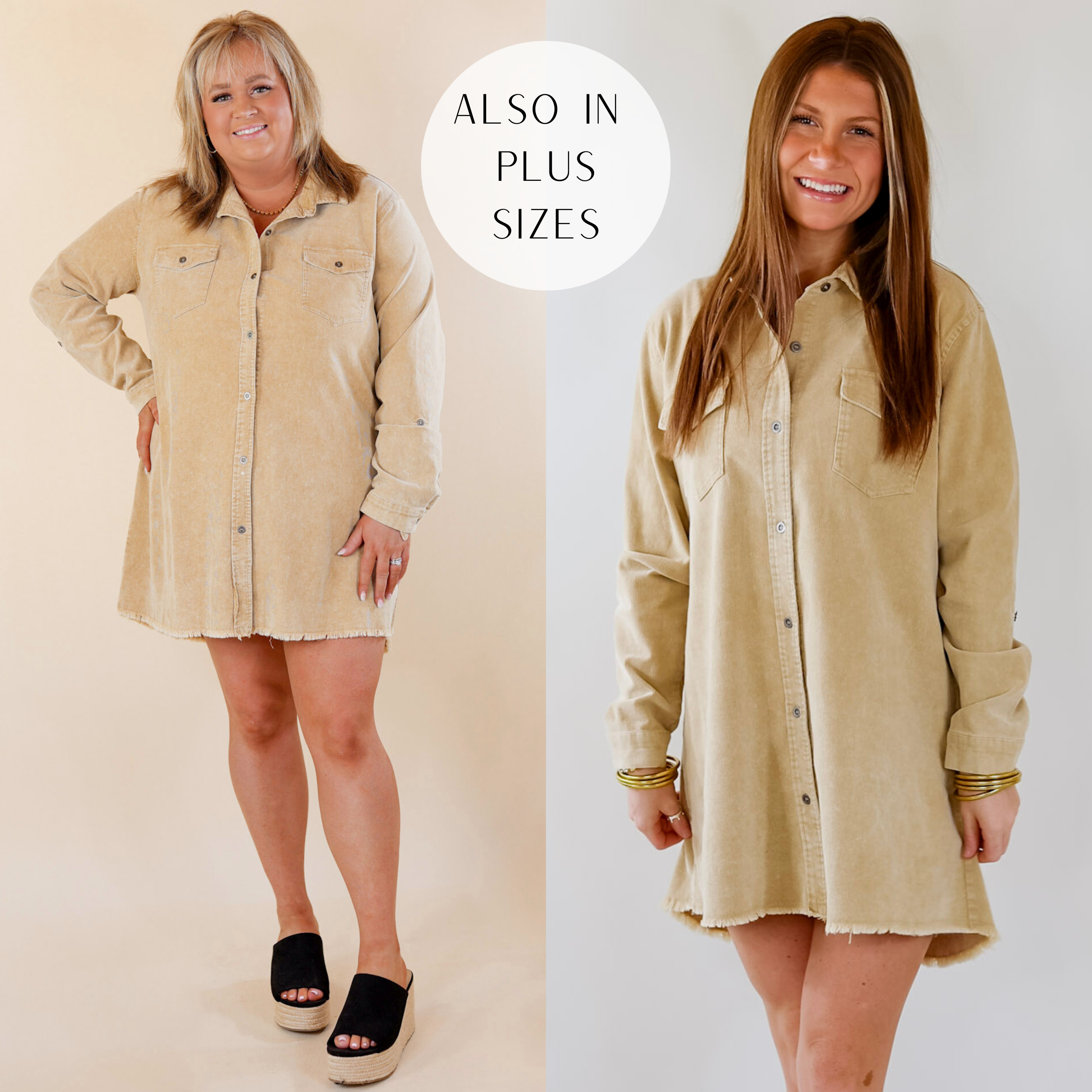 In the picture the model is wearing is wearing a button up long sleeve corduroy dress in tan with a white background