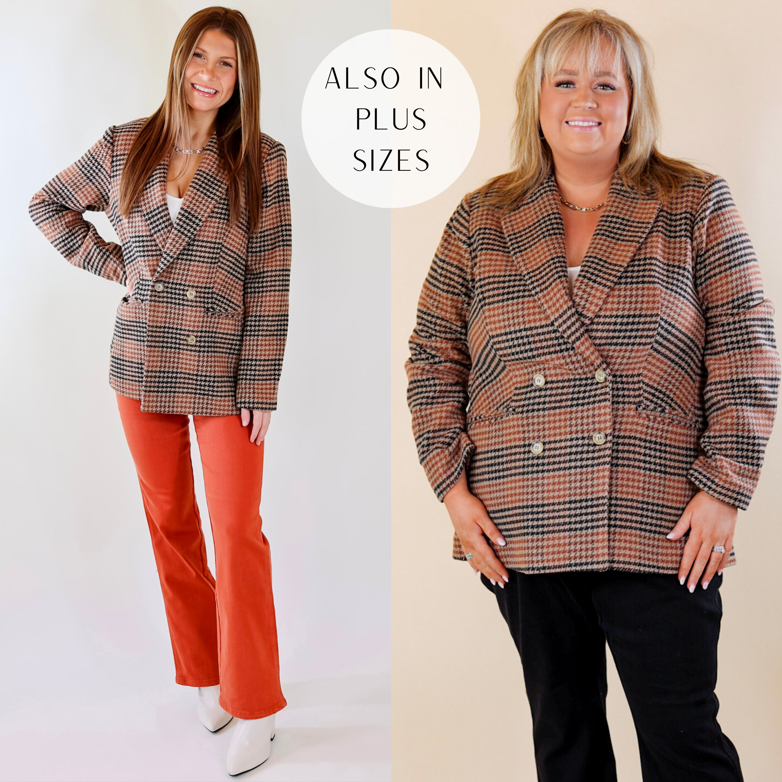 Model is wearing a houndstooth blazer with a double button closure. Model has this blazer paired with a white tank top, rust orange jeans, white booties, and gold jewelry.