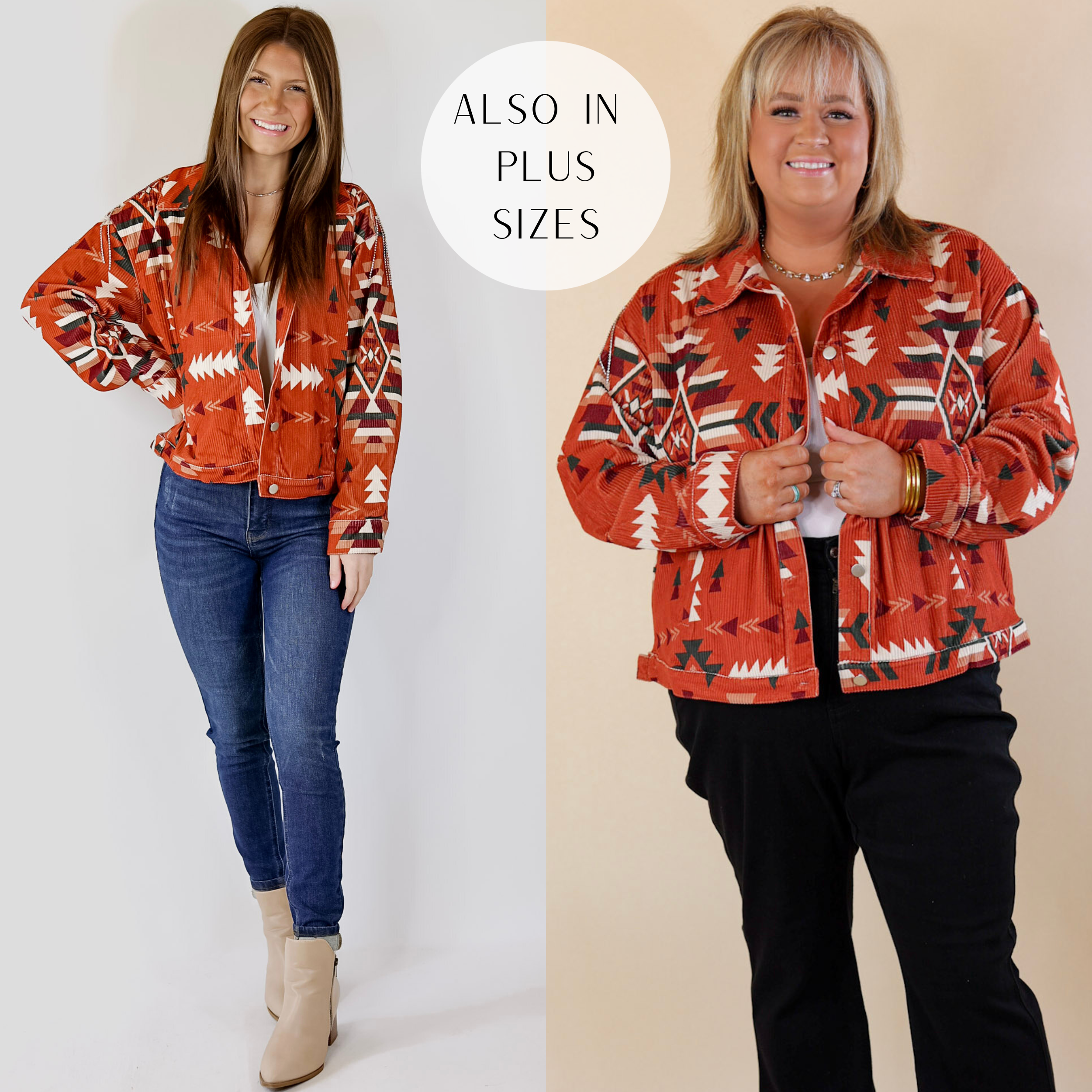 In the picture the model is wearing a Aztec Print Jacket with Crystal Fringe in Rust Orange with a white background