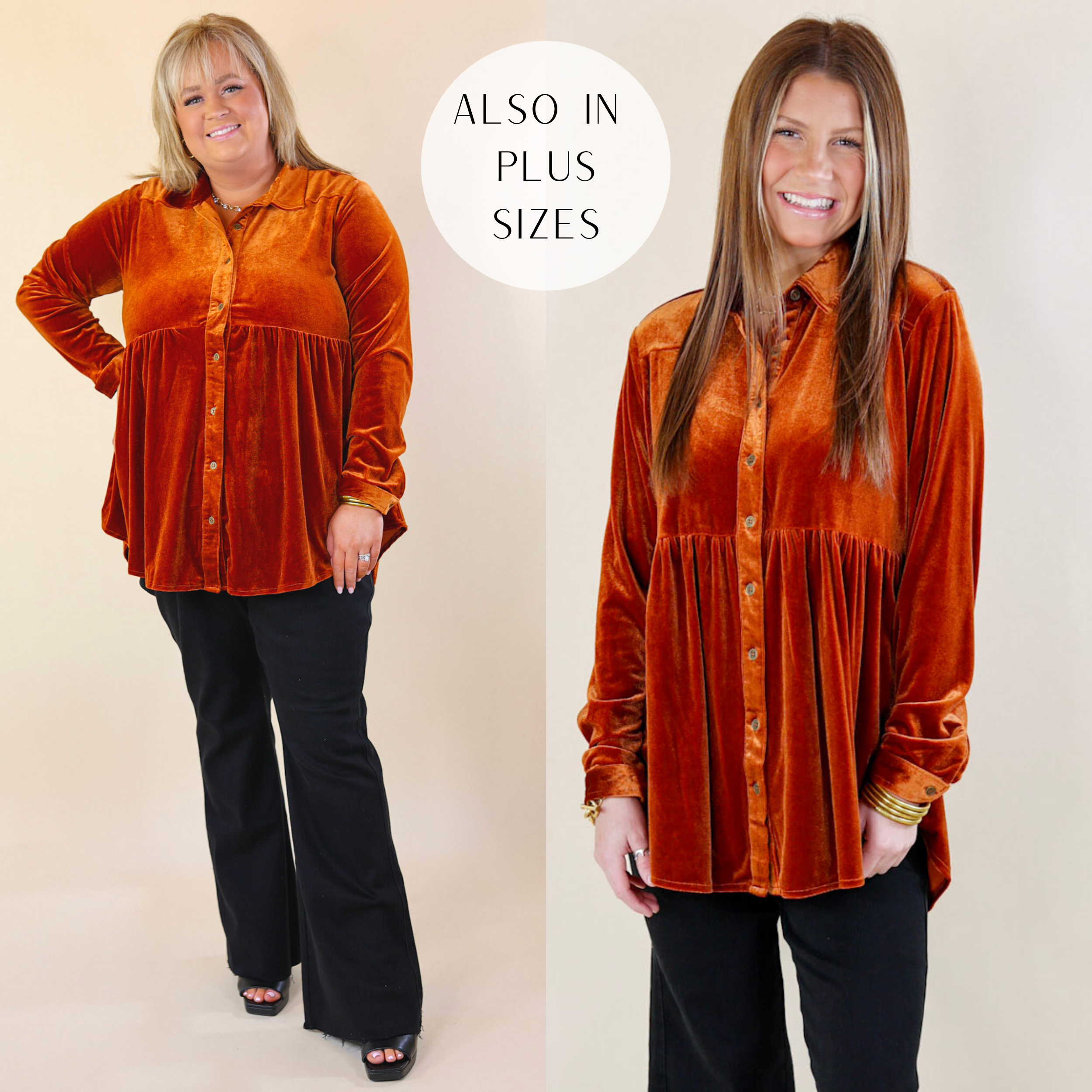 in the picture the model is wearing a button up velvet long sleeve babydoll tunic top in orange with a white background