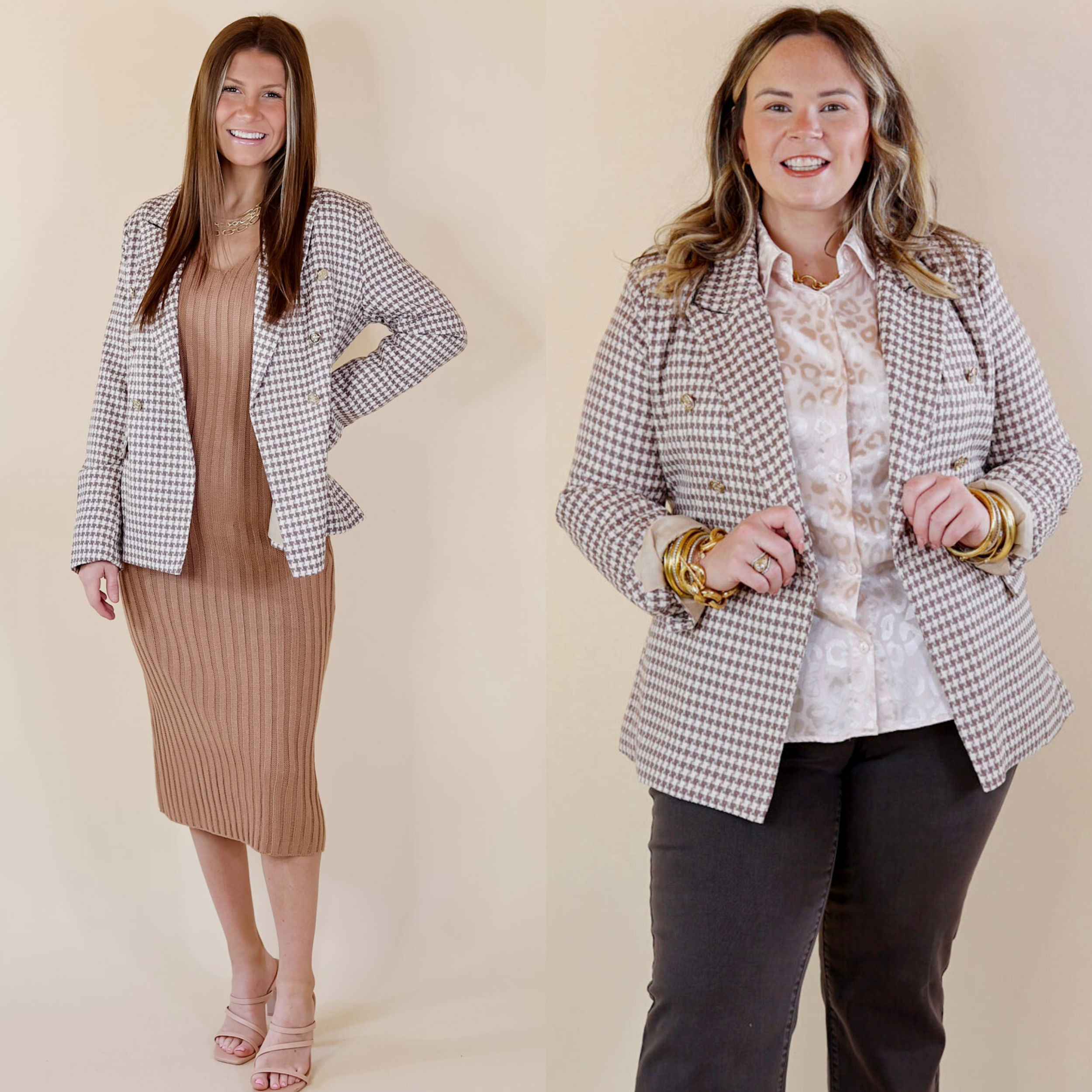 In the picture the model is wearing a light taupe blazer with a white background