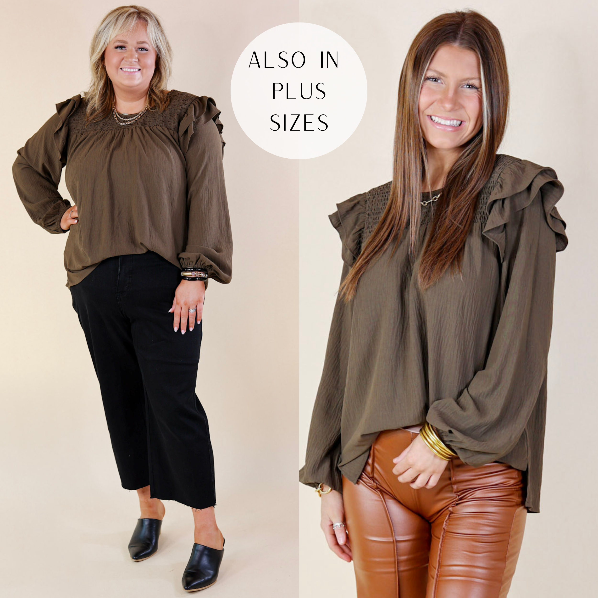 in the picture the model is wearing a ruffle shoulder long sleeve blouse in olive brown with a white background