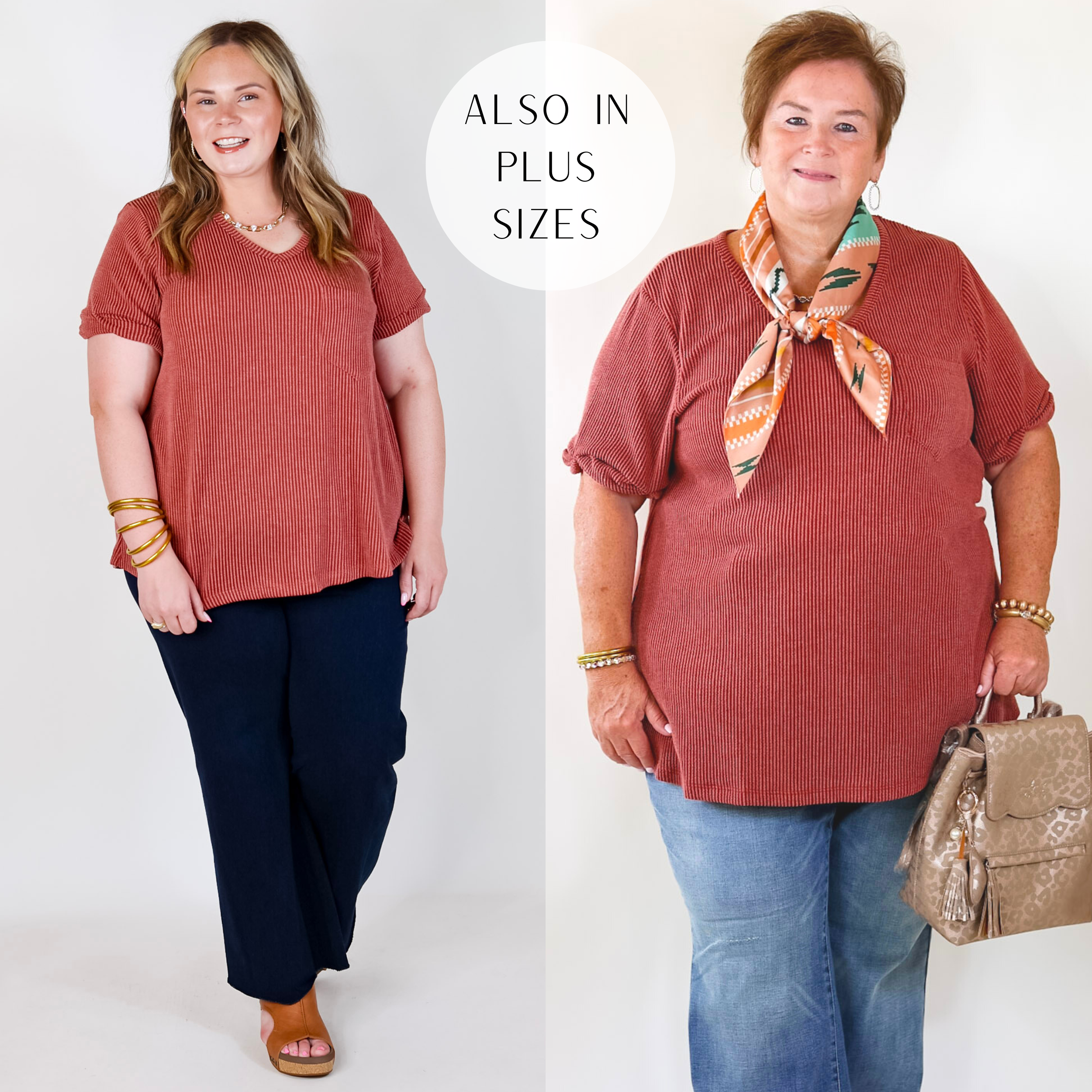 Model is wearing a ribbed short sleeve top in rust red. Size large model has it paired with wide leg jeans and gold jewelry. Plus size model has it paired with trouser jeans, a wild rag, and a leopard print bag.