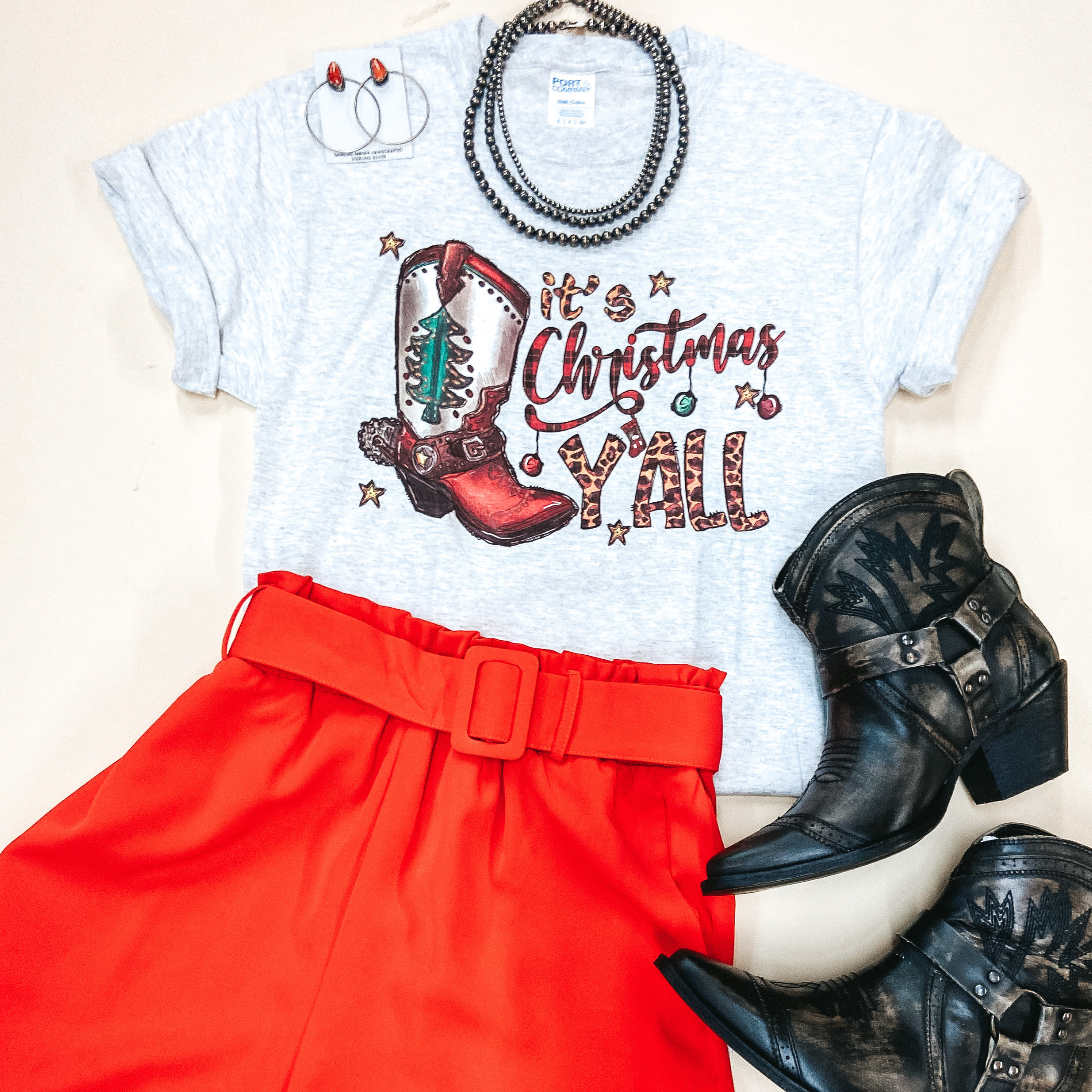 It's Christmas Y'all Cowboy Boot Short Sleeve Graphic Tee in Light Heather Grey - Giddy Up Glamour Boutique