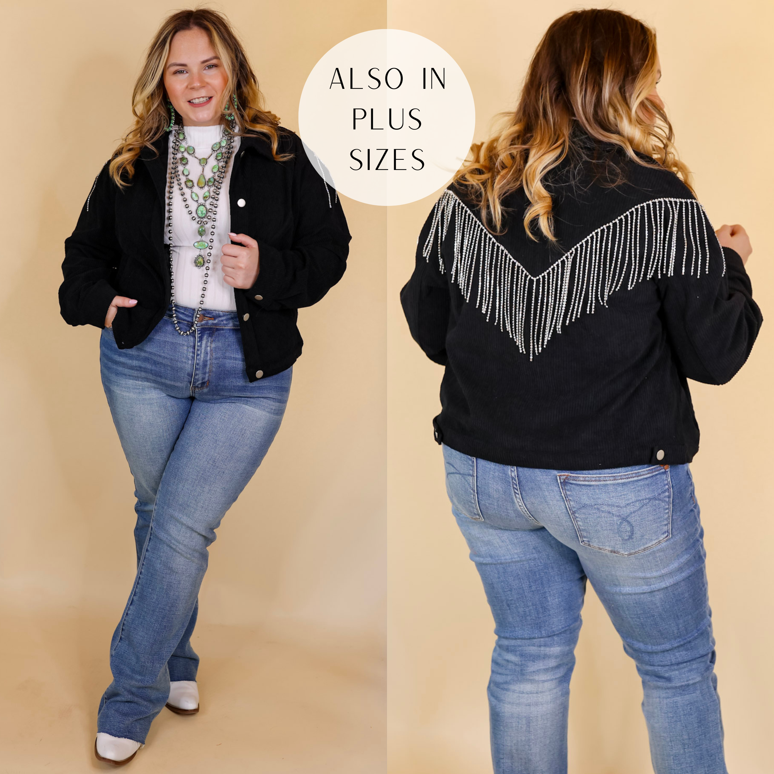 Model is wearing a button down corduroy shacket with crystal fringe along the back, in black. Model has this shacket paired with a white tank top, jeans, boots, and navajo jewelry. Background is solid tan.