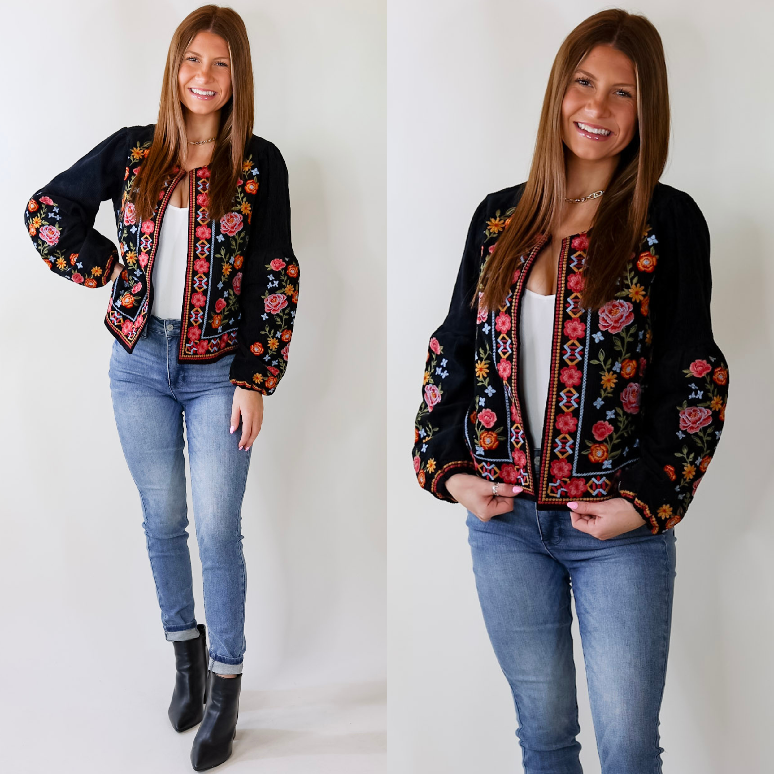 More To Say Corduroy Floral Embroidered Jacket in Black - Giddy Up Glamour Boutique