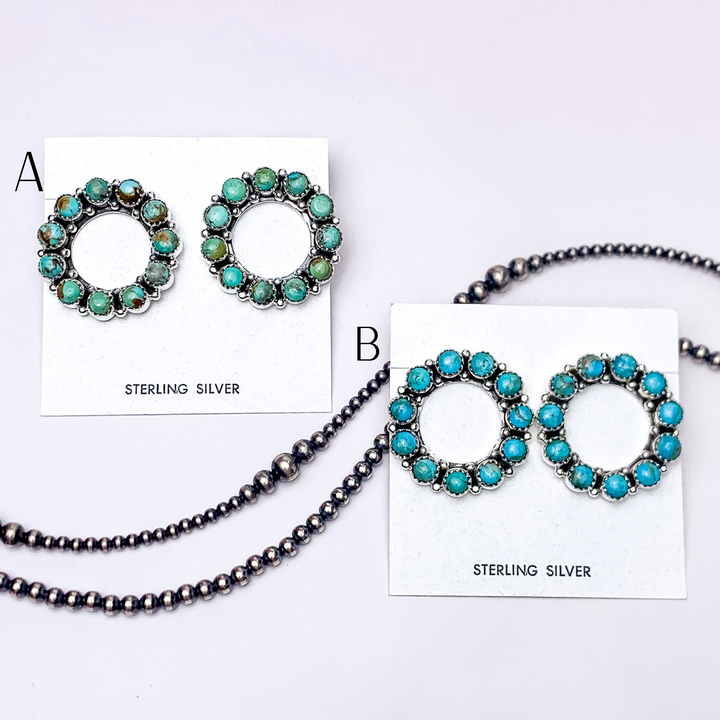 Hada Collection | Handmade Sterling Silver Circle Stud Earrings with Kingman Turquoise Stones - Giddy Up Glamour Boutique