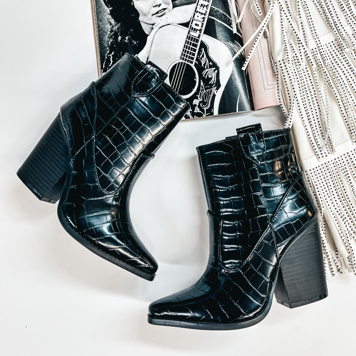 Broadway Strut Crocodile Print Heeled Ankle Booties in Black - Giddy Up Glamour Boutique