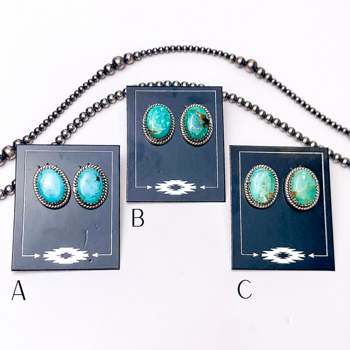 Hada Collection | Handmade Sterling Silver Oval Stud Earrings with Kingman Turquoise Remix Stones - Giddy Up Glamour Boutique