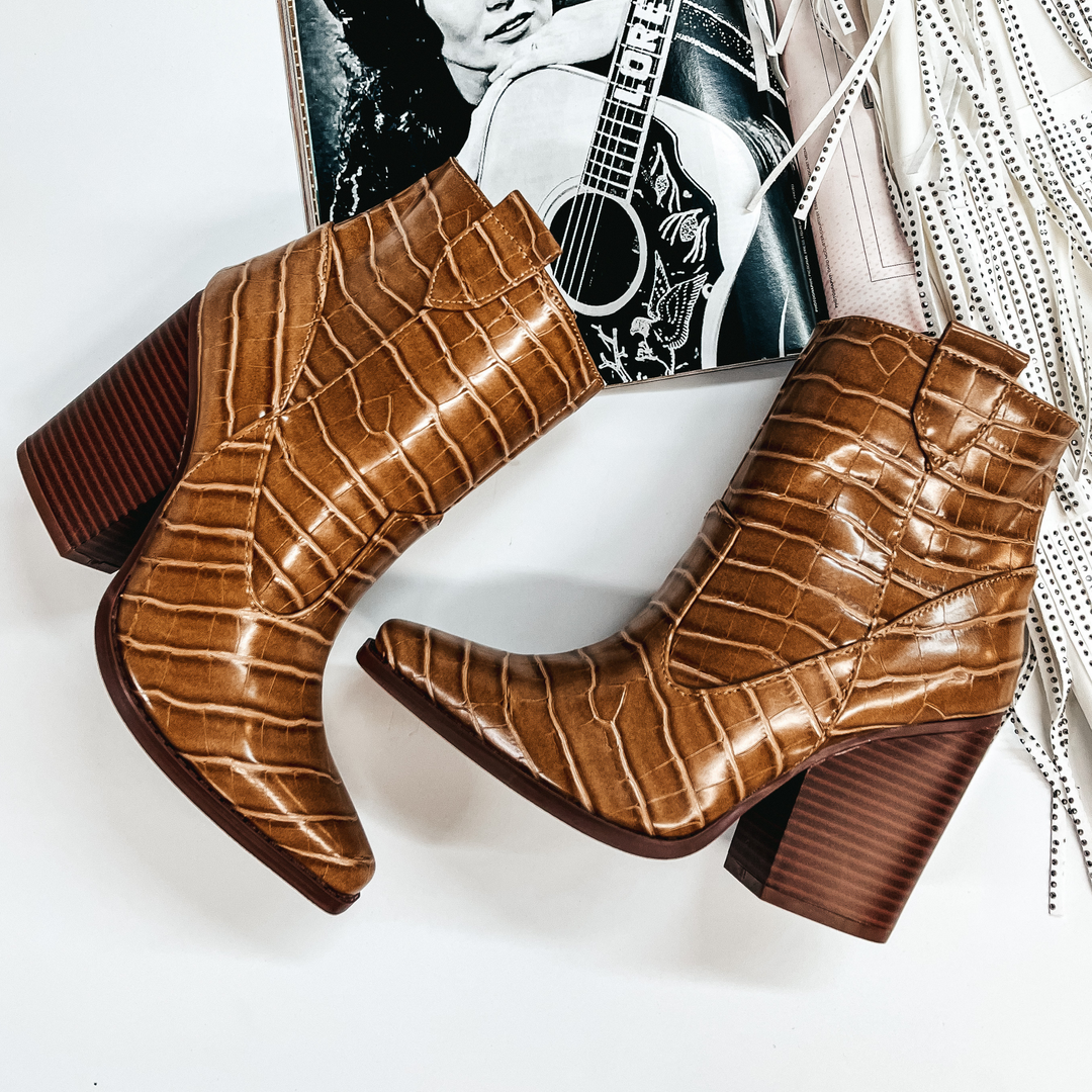 Broadway Strut Crocodile Print Heeled Ankle Booties in Caramel Brown - Giddy Up Glamour Boutique