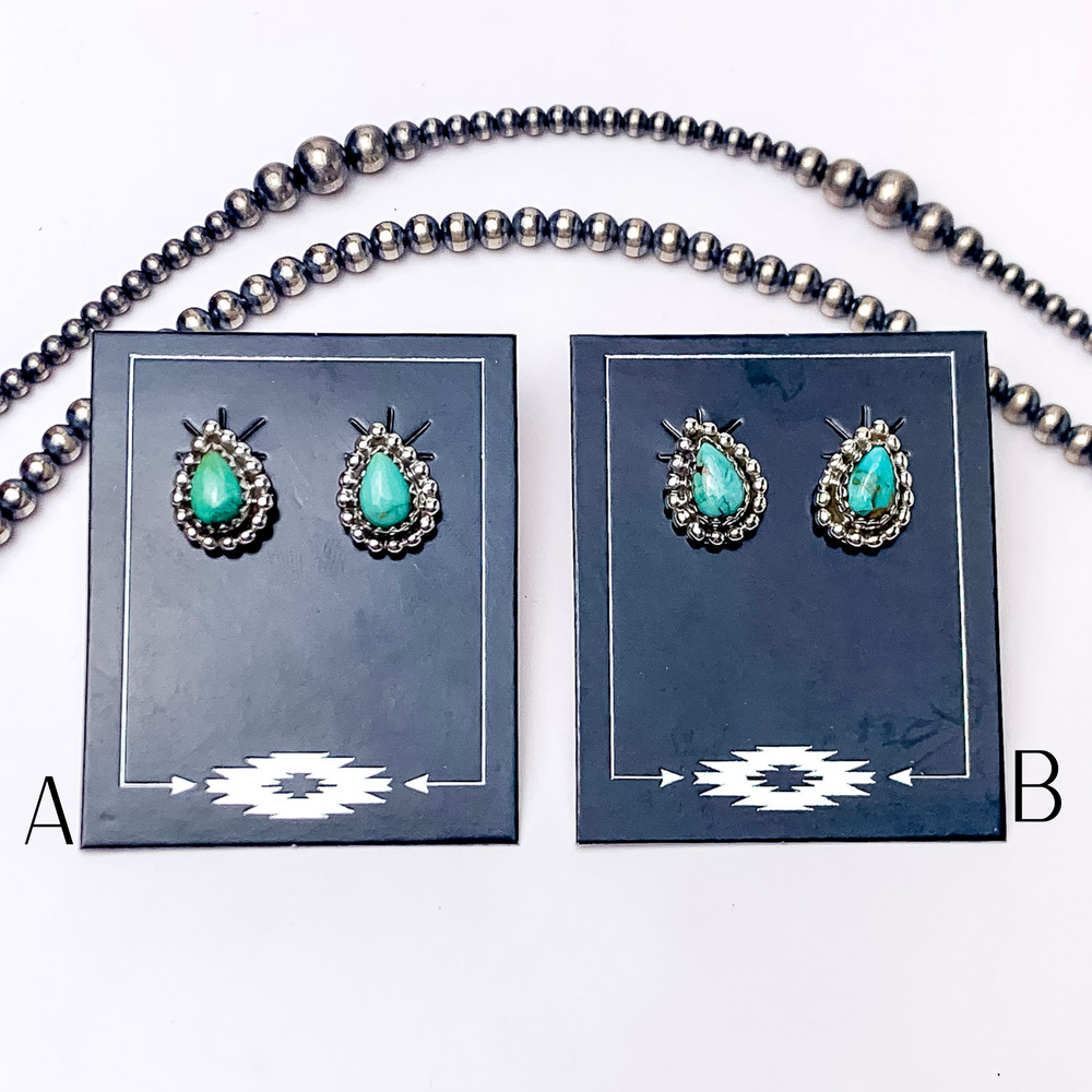 Hada Collection | Handmade Sterling Silver Teardrop Shaped Stud Earrings with Kingman Turquoise Remix Stones - Giddy Up Glamour Boutique