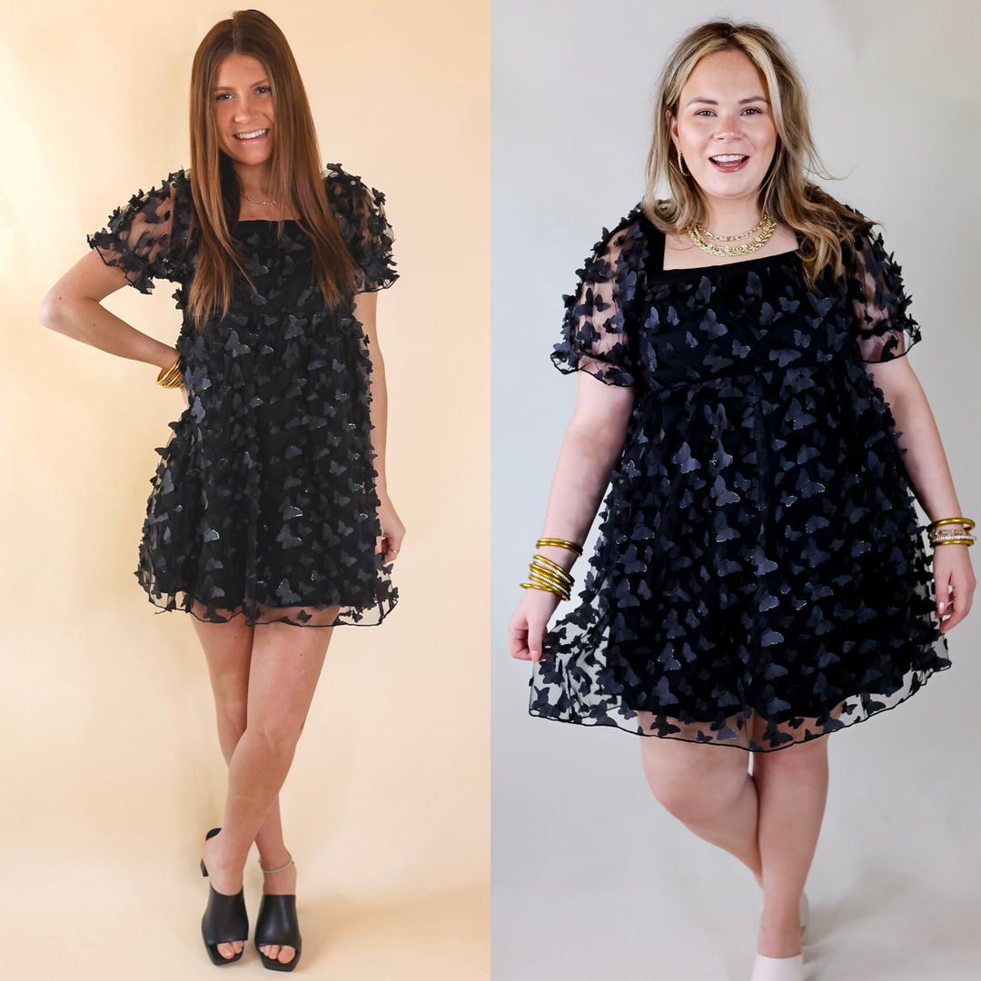 Sweetest Rush Butterfly Print Babydoll Dress in Black - Giddy Up Glamour Boutique