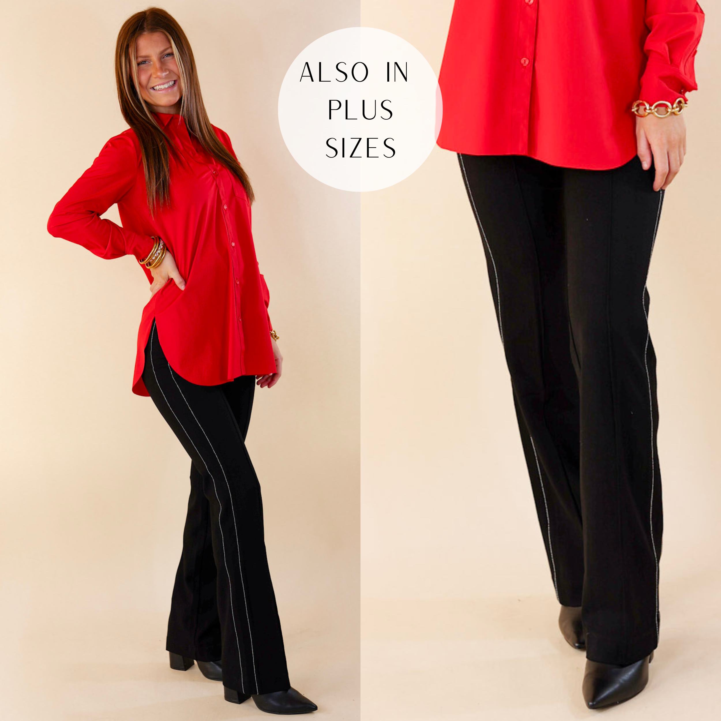 Model is wearing a pair of black pants with silver detail down the sides. Model has these pants paired with black booties, a red top, and gold jewelry.