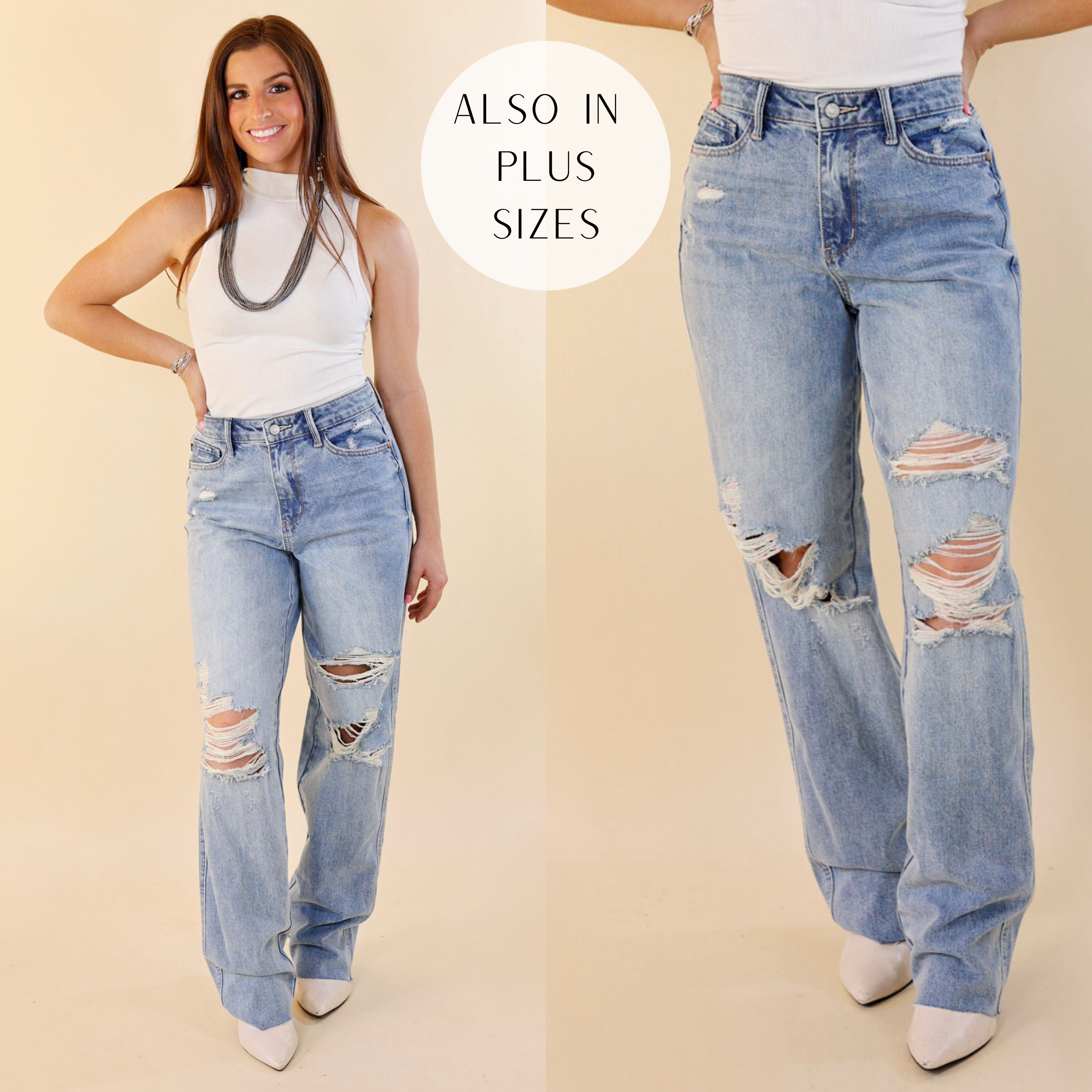Model is wearing a pair of light wash jeans with lots of distressing. Model has these jeans paired with a white tank top and silver jewerly