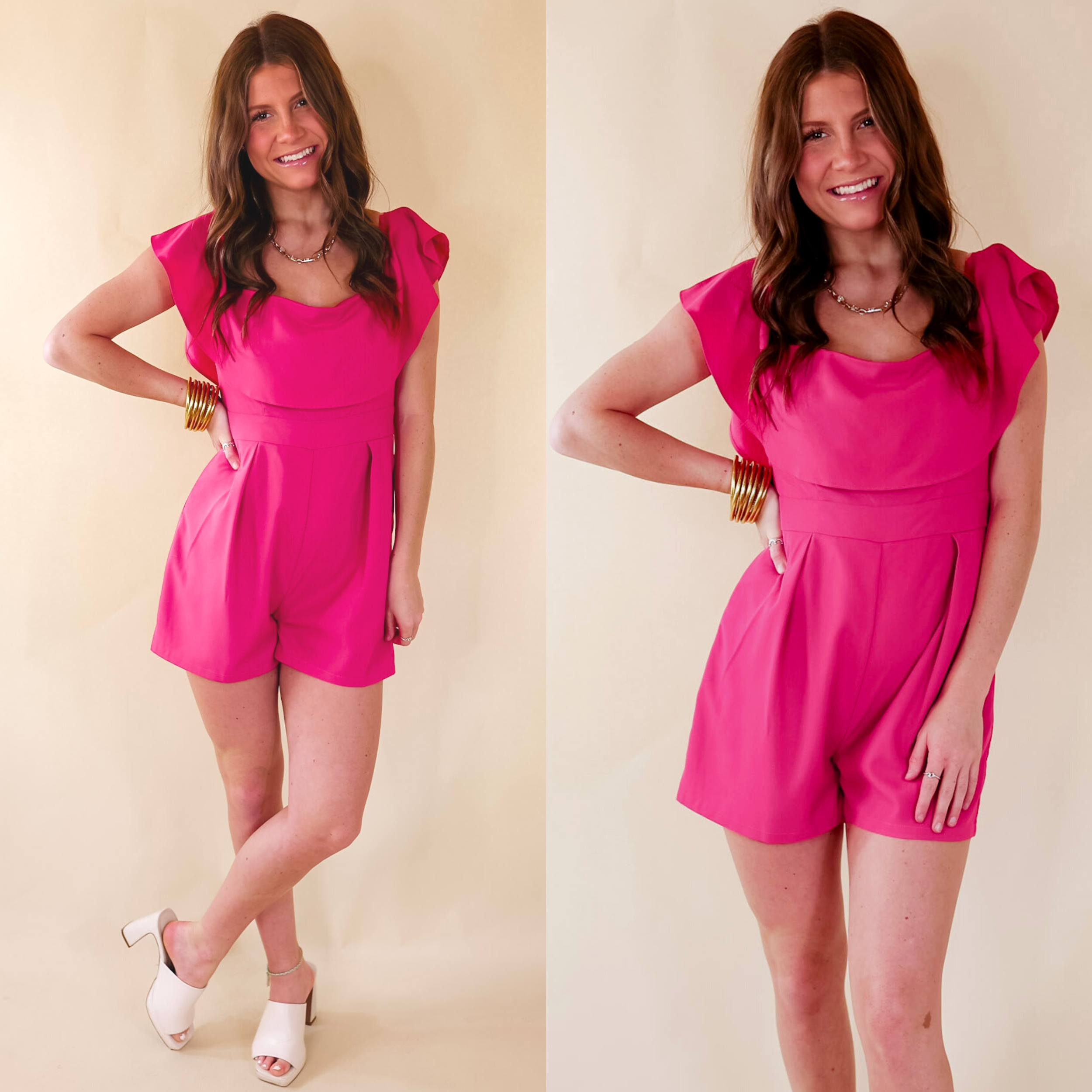 Charmingly Cute Ruffle Upper Romper in Pink - Giddy Up Glamour Boutique