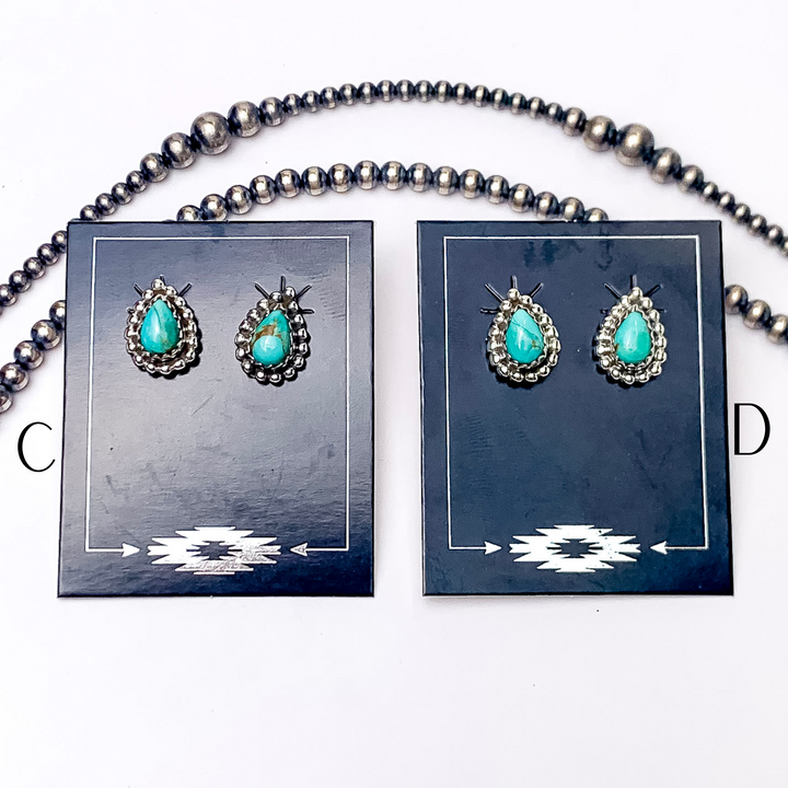 Hada Collection | Handmade Sterling Silver Teardrop Shaped Stud Earrings with Kingman Turquoise Remix Stones - Giddy Up Glamour Boutique