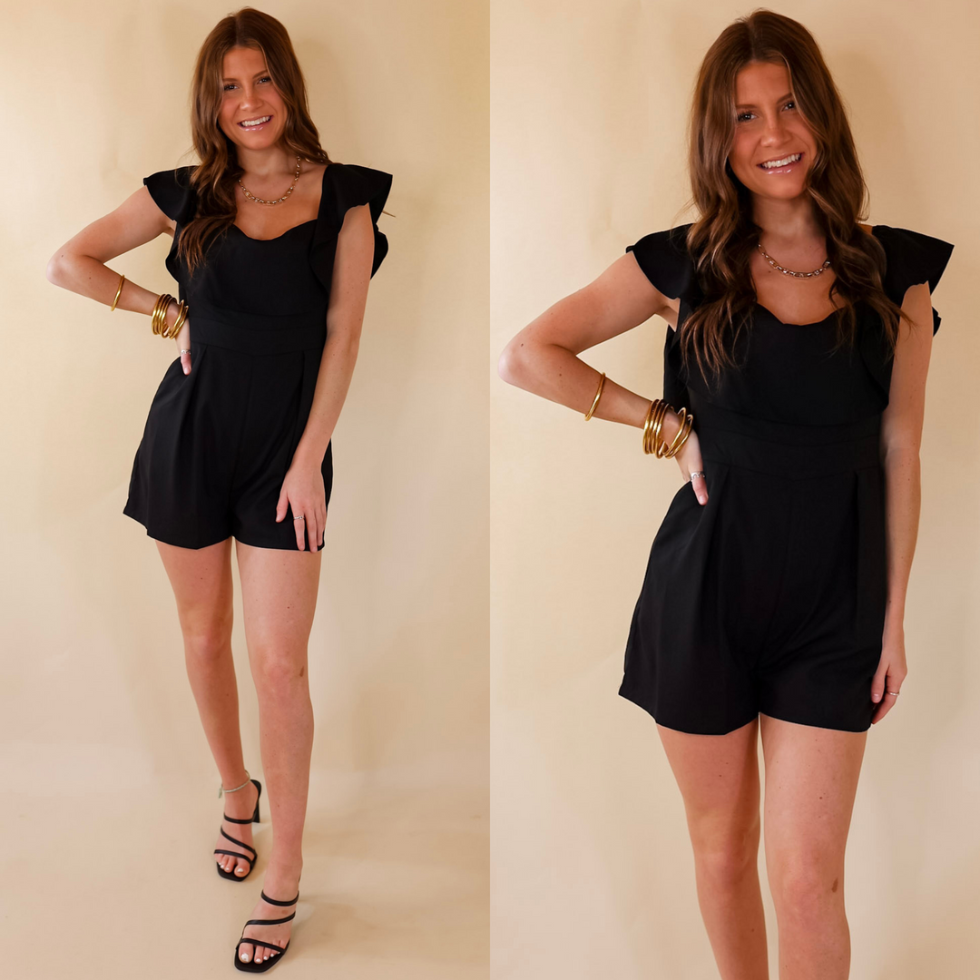 Charmingly Cute Ruffle Upper Romper in Black - Giddy Up Glamour Boutique
